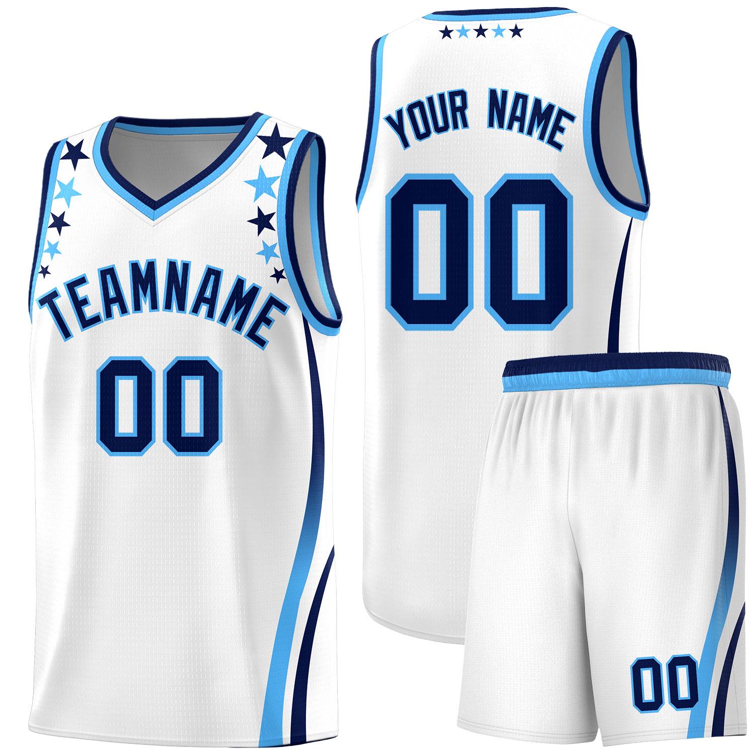 Custom White Shoulders Star Pattern Side Color Block Sports Uniform Basketball Kits