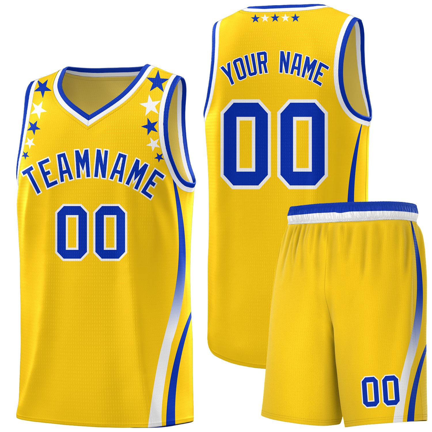 Custom Gold Shoulders Star Pattern Side Color Block Sports Uniform Basketball Kits