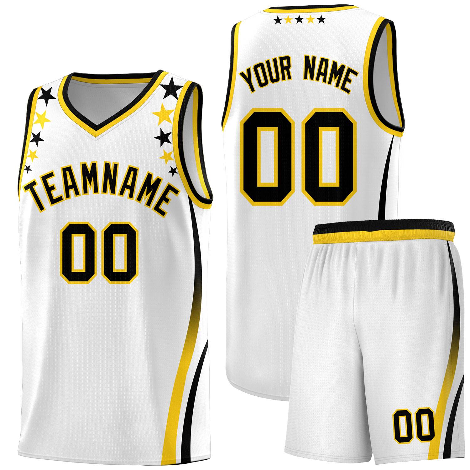 Custom White Shoulders Star Pattern Side Color Block Sports Uniform Basketball Kits