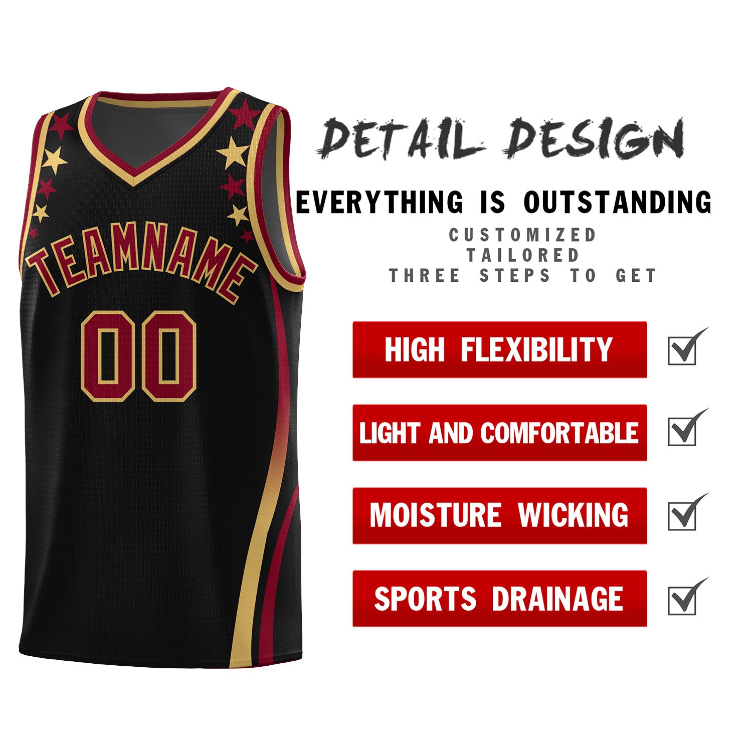 Custom Black Shoulders Star Pattern Side Color Block Sports Uniform Basketball Kits