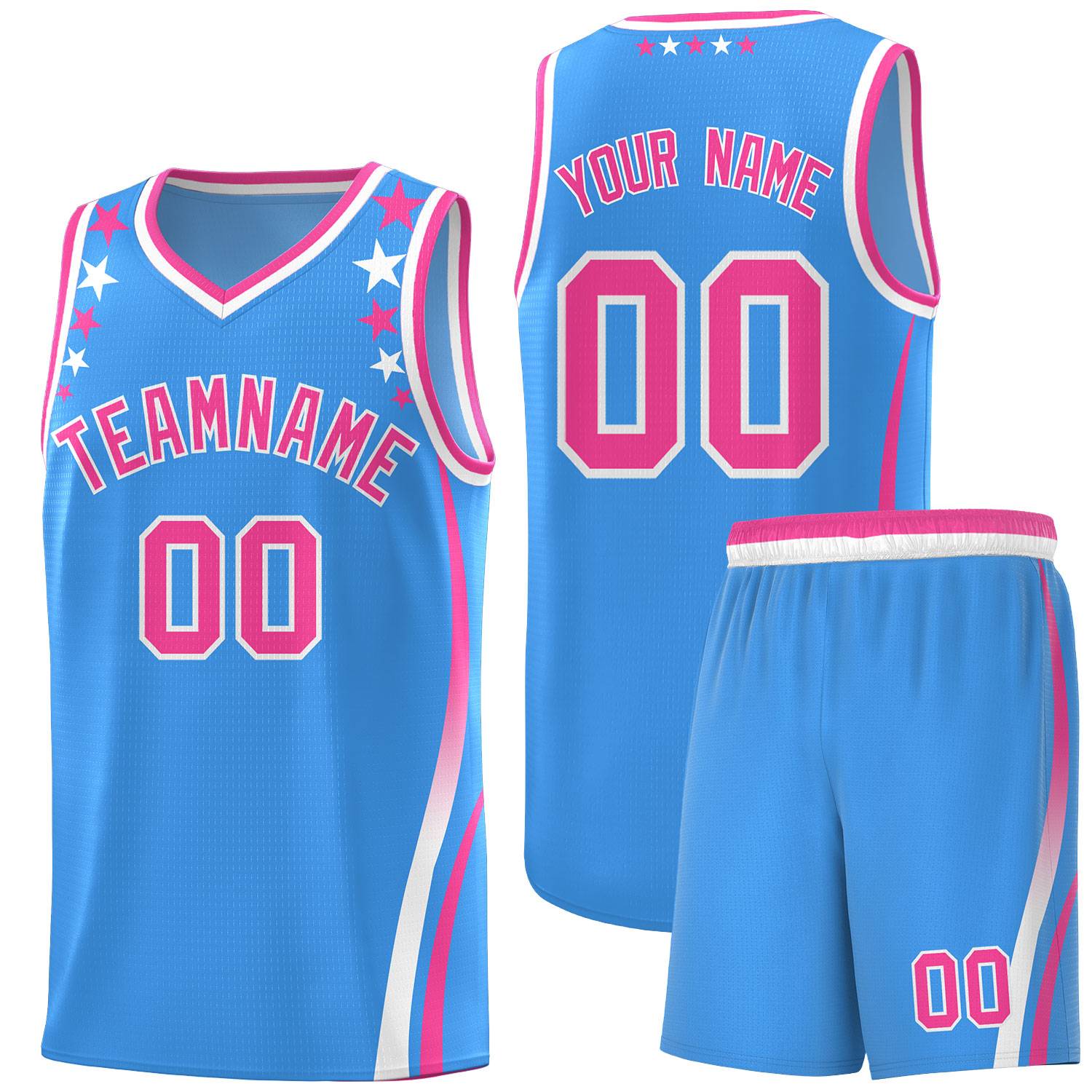 Custom Light Blue Shoulders Star Pattern Side Color Block Sports Uniform Basketball Kits