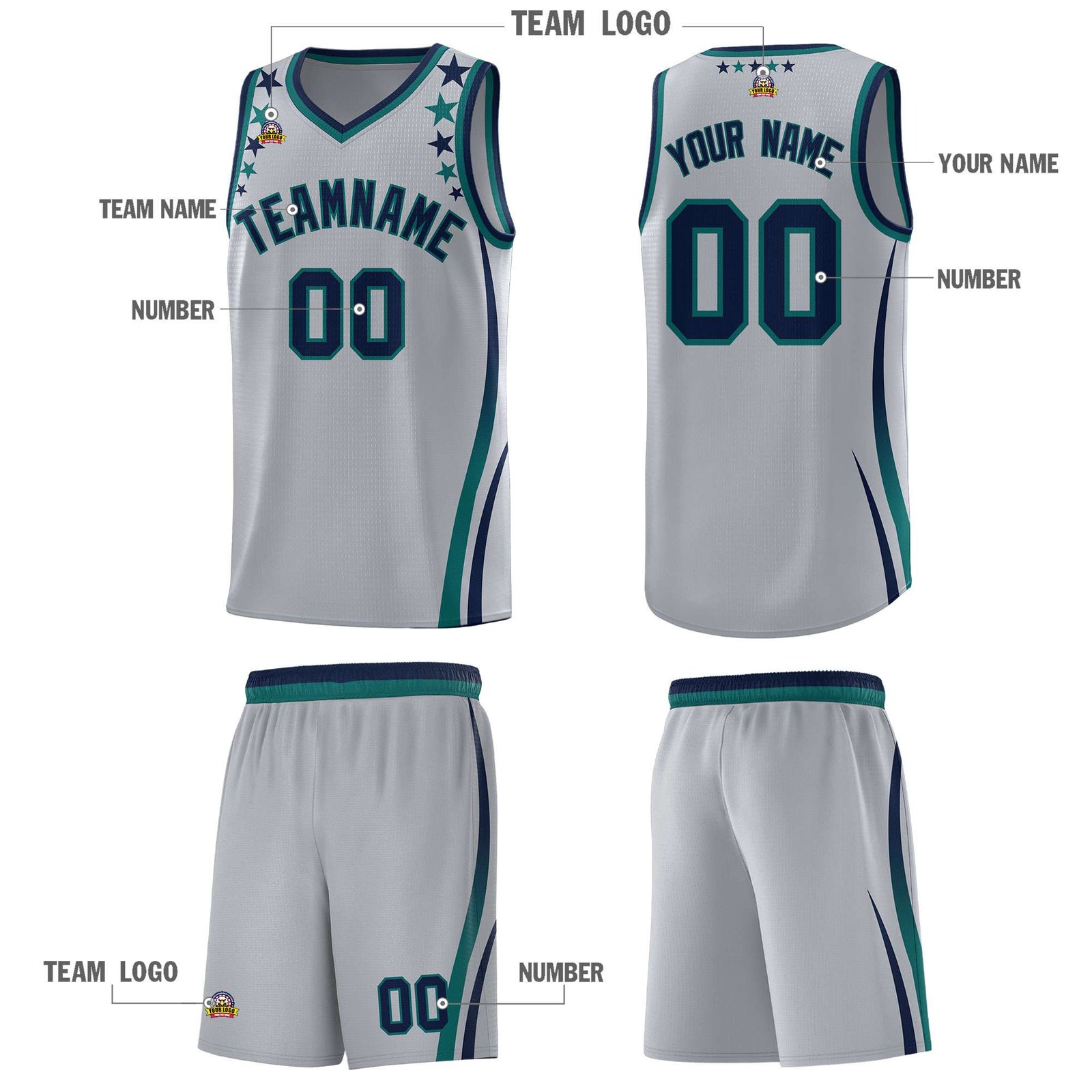 Custom Gray Shoulders Star Pattern Side Color Block Sports Uniform Basketball Kits