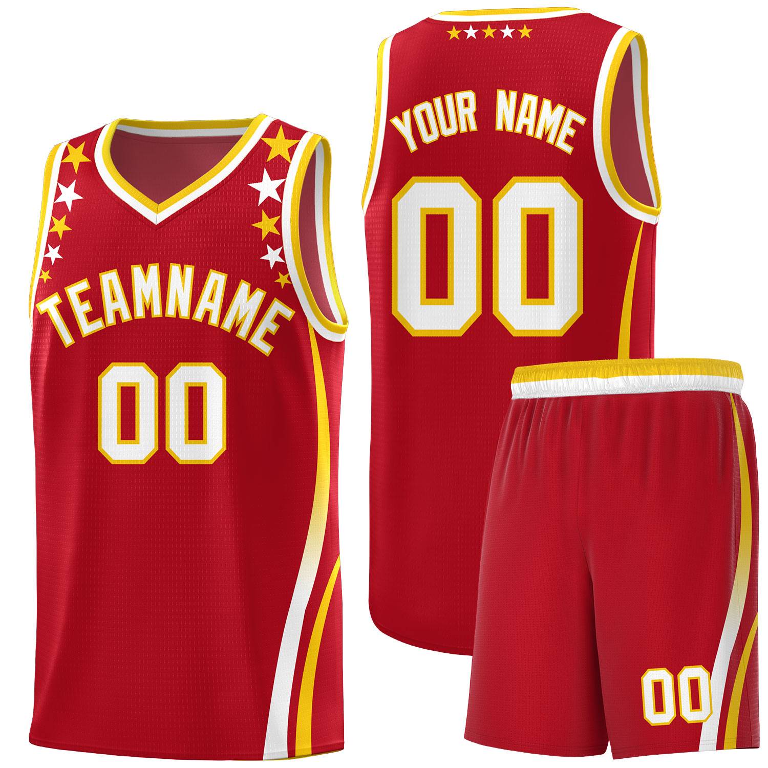 Custom Red Shoulders Star Pattern Side Color Block Sports Uniform Basketball Kits