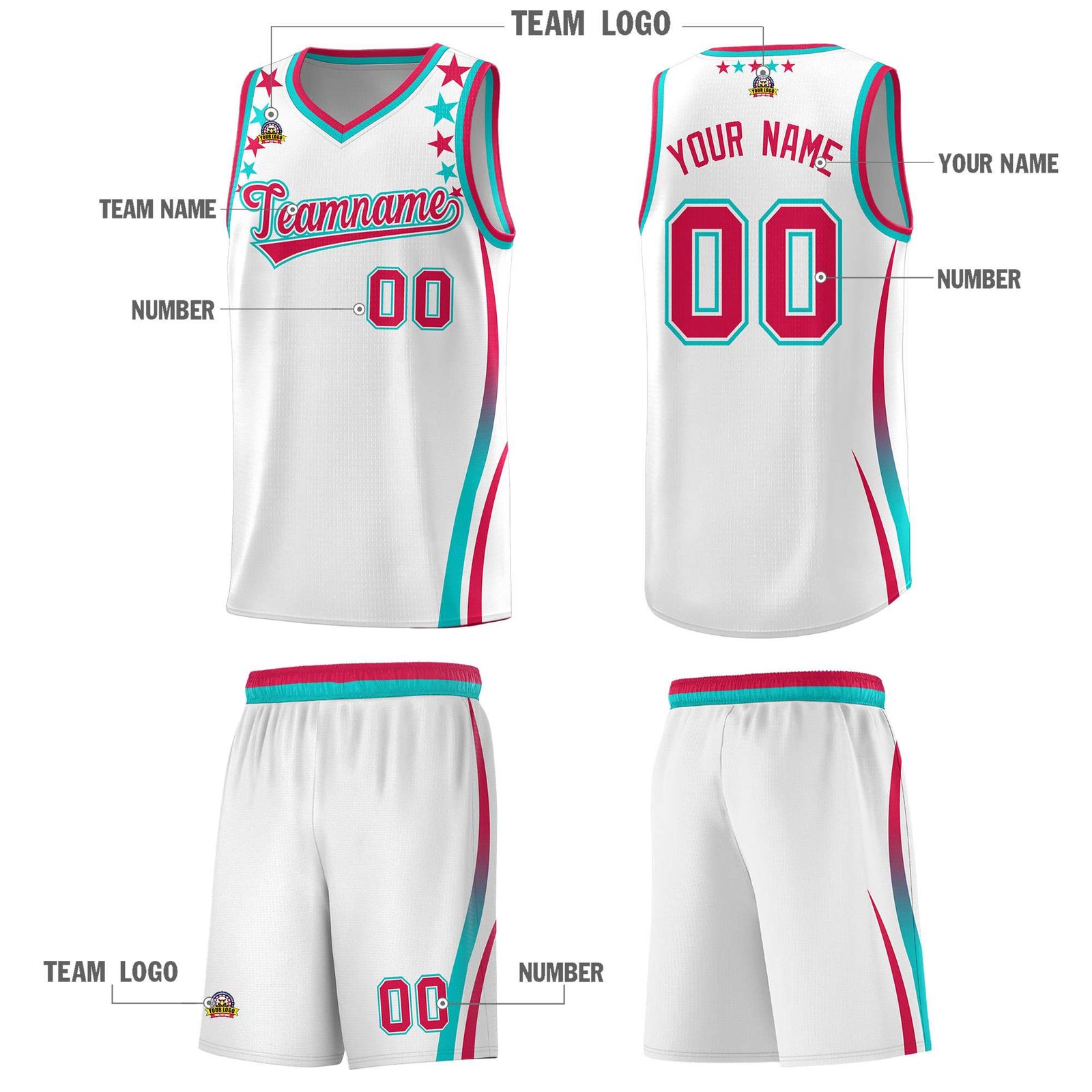 Custom White Shoulders Star Pattern Side Color Block Sports Uniform Basketball Kits