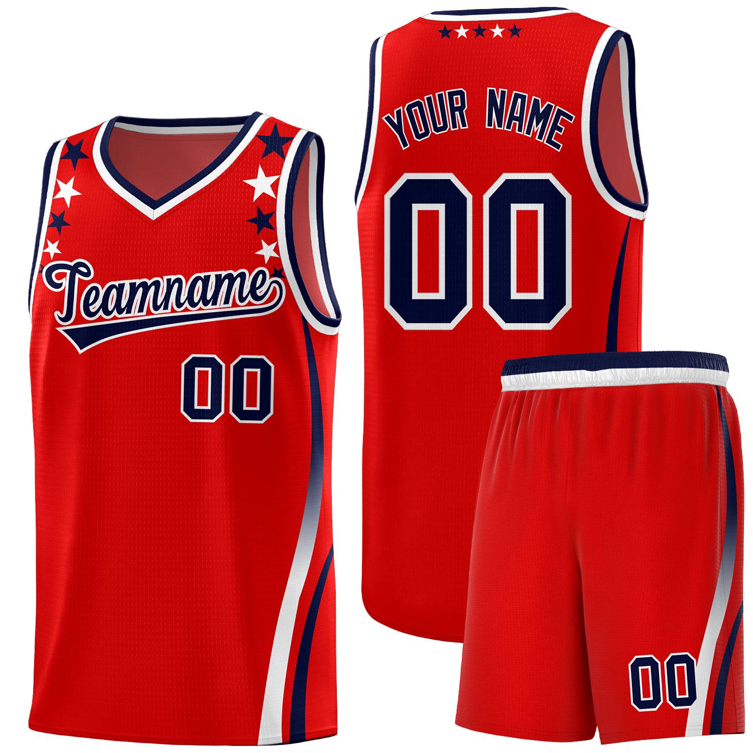 Custom Red Shoulders Star Pattern Side Color Block Sports Uniform Basketball Kits