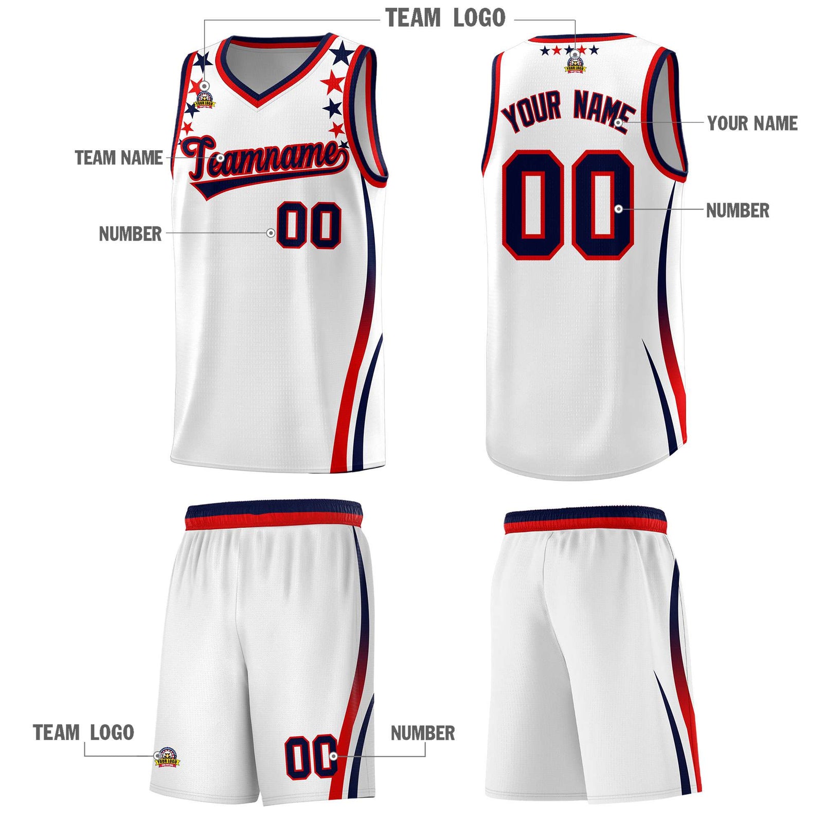 Custom White Shoulders Star Pattern Side Color Block Sports Uniform Basketball Kits