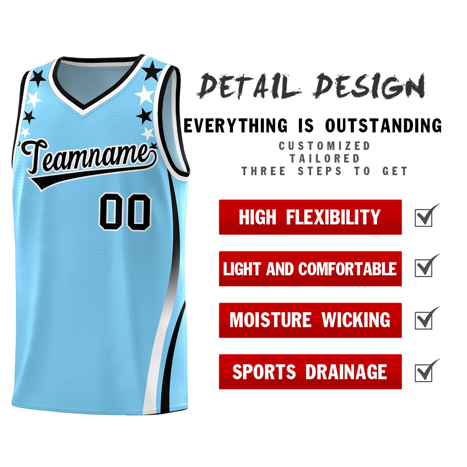 Custom Light Blue Shoulders Star Pattern Side Color Block Sports Uniform Basketball Kits