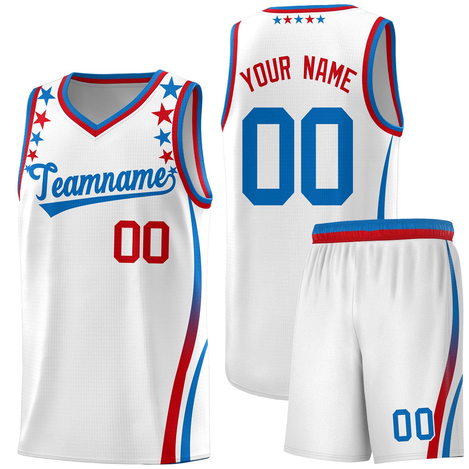 Custom White Shoulders Star Pattern Side Color Block Sports Uniform Basketball Kits