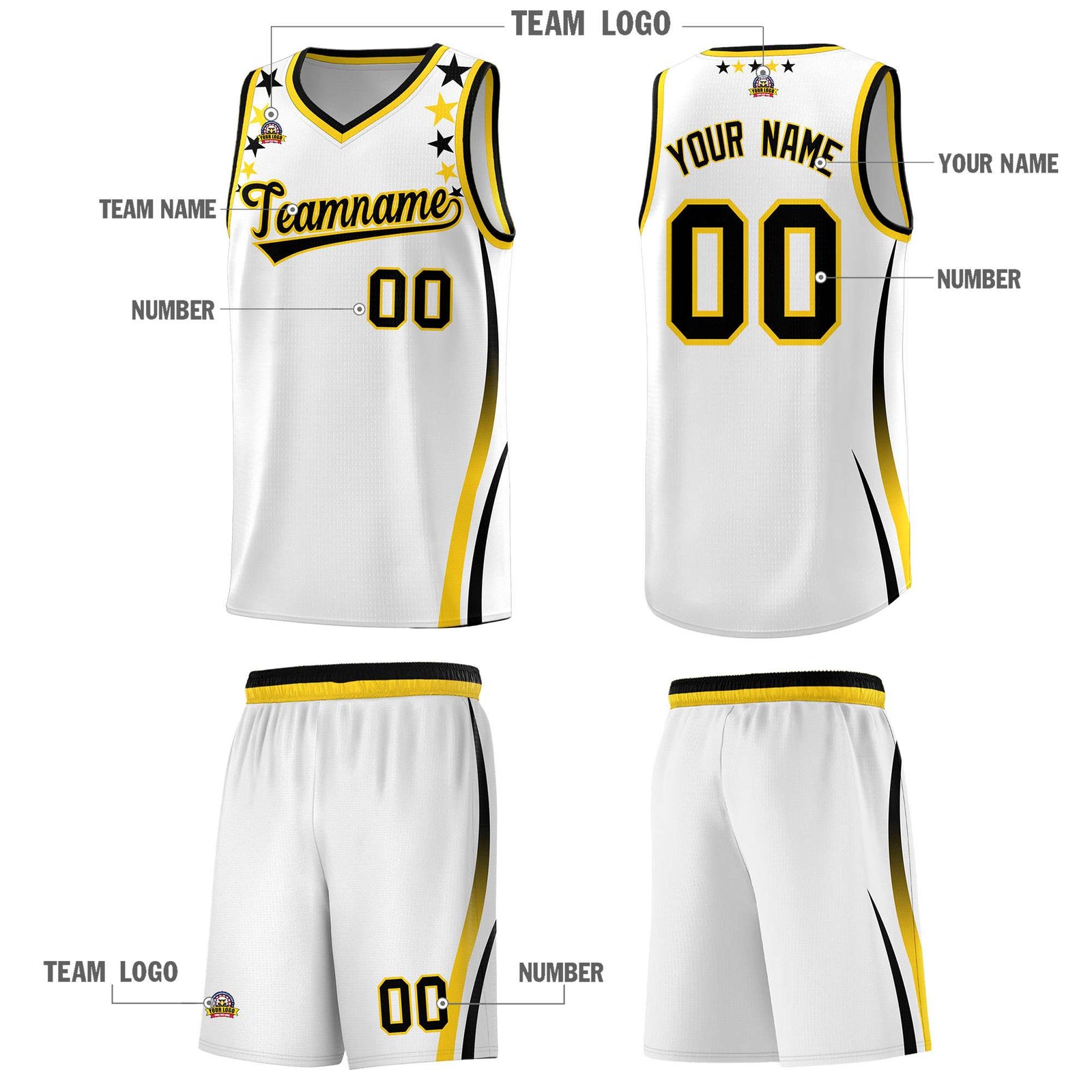 Custom White Shoulders Star Pattern Side Color Block Sports Uniform Basketball Kits
