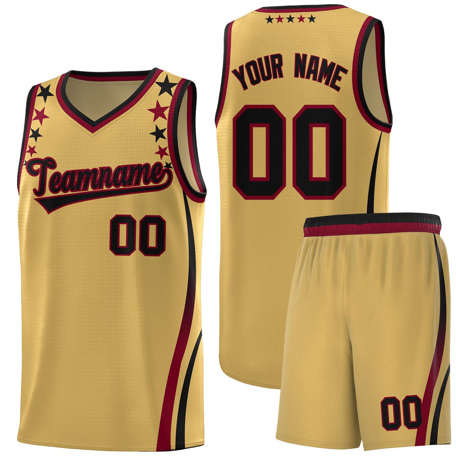 Custom Old Gold Shoulders Star Pattern Side Color Block Sports Uniform Basketball Kits