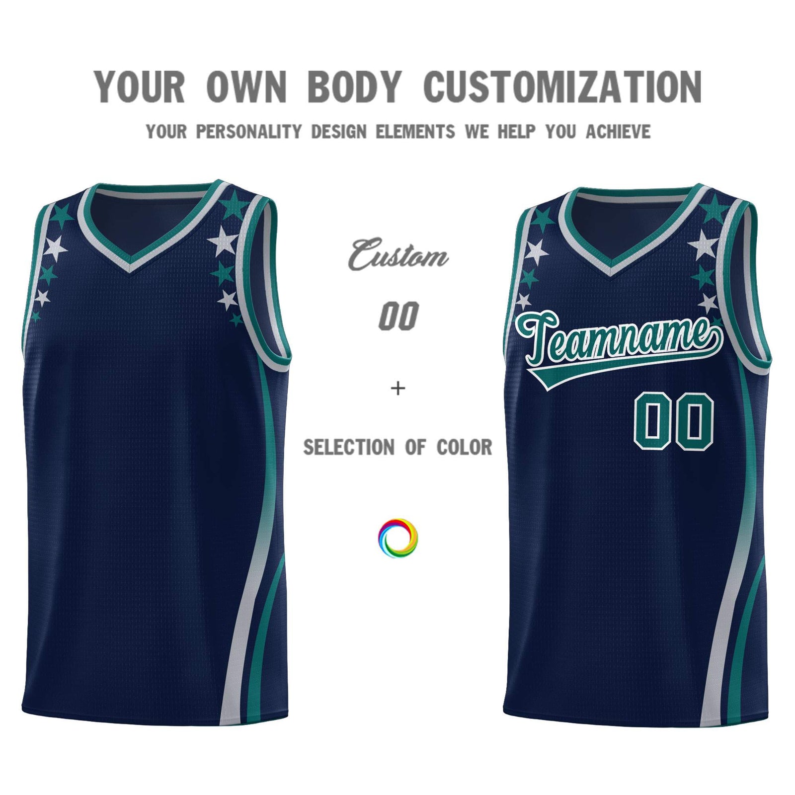 Custom Navy Shoulders Star Pattern Side Color Block Sports Uniform Basketball Kits