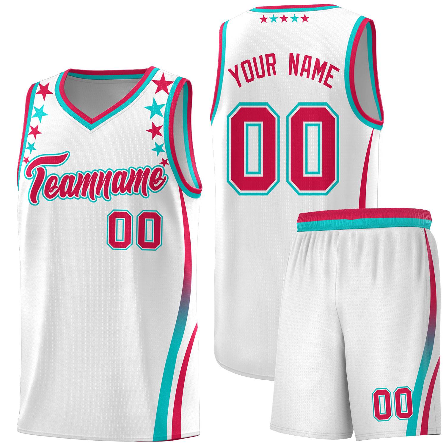 Custom White Shoulders Star Pattern Side Color Block Sports Uniform Basketball Kits