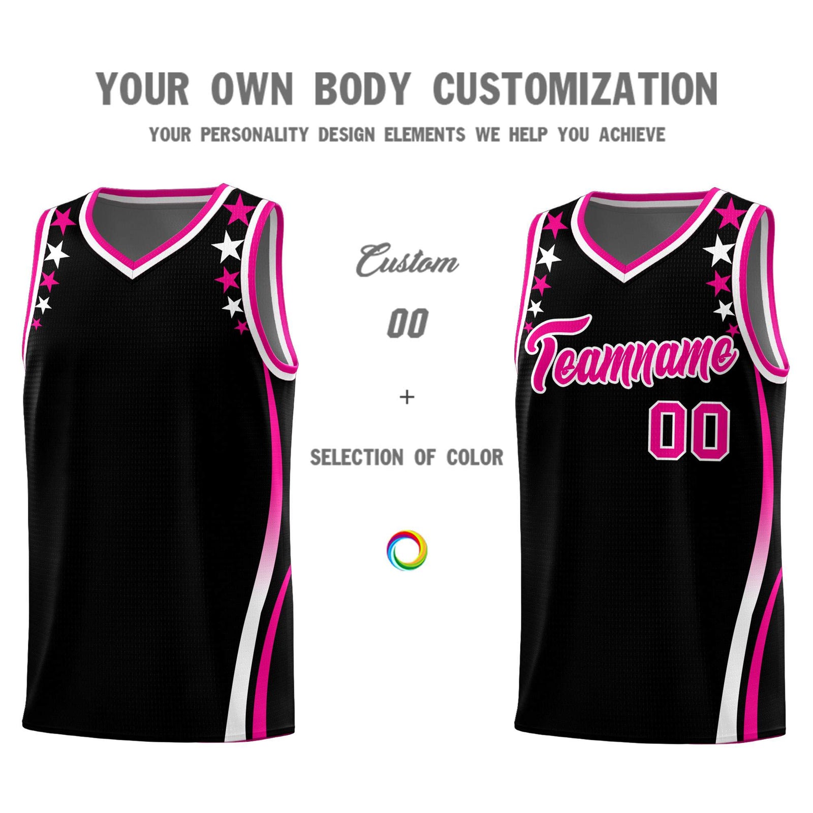 Custom Black Shoulders Star Pattern Side Color Block Sports Uniform Basketball Kits
