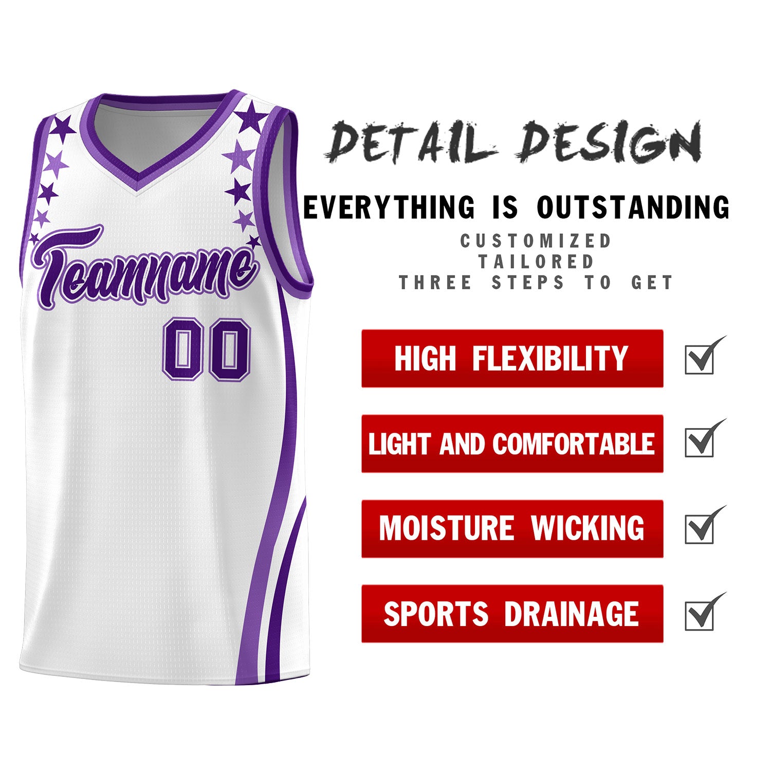 Custom White Shoulders Star Pattern Side Color Block Sports Uniform Basketball Kits