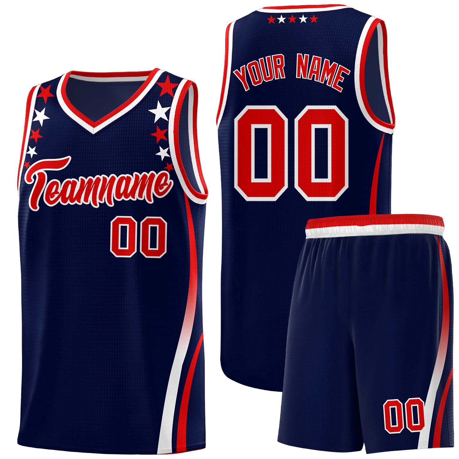 Custom Navy Shoulders Star Pattern Side Color Block Sports Uniform Basketball Kits