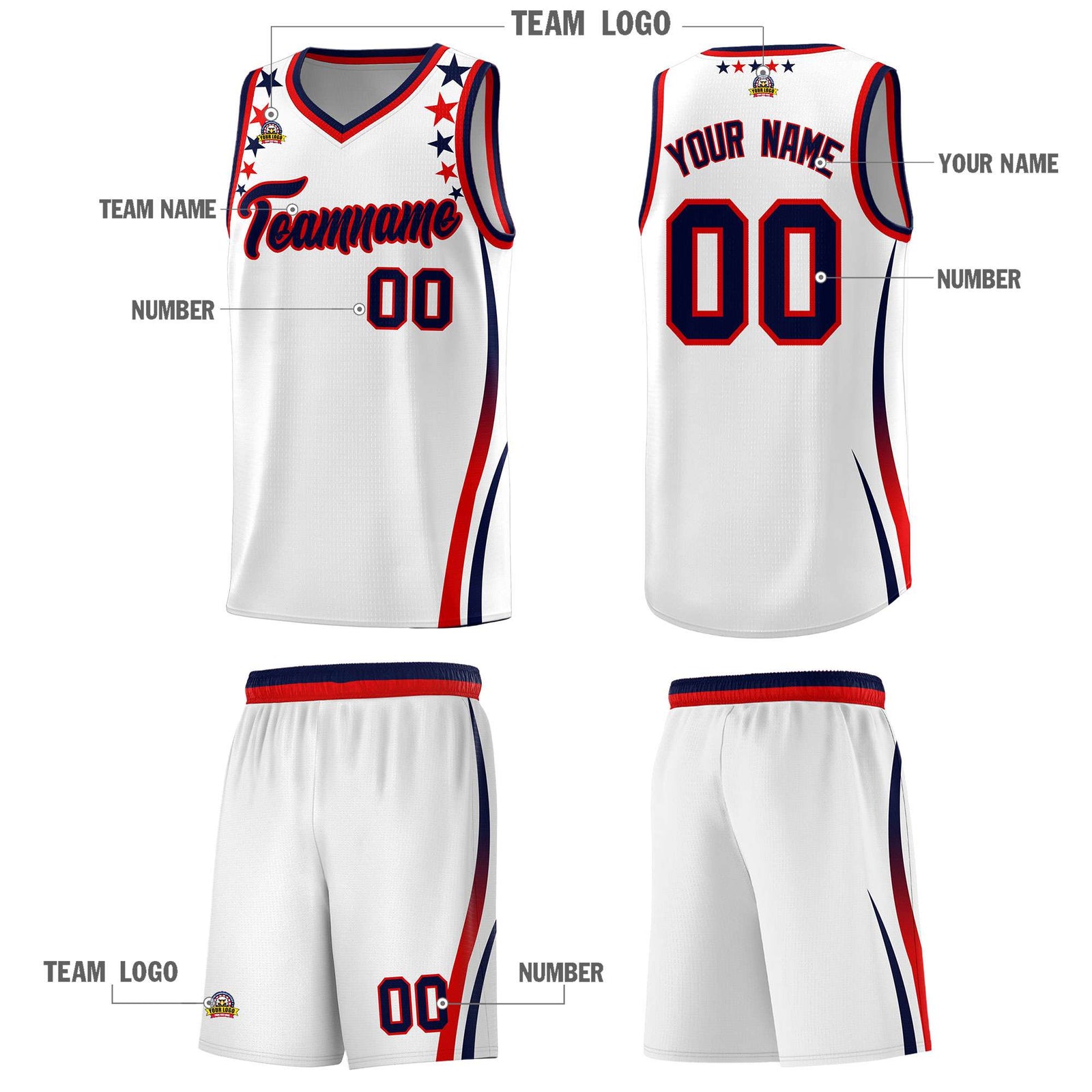 Custom White Shoulders Star Pattern Side Color Block Sports Uniform Basketball Kits