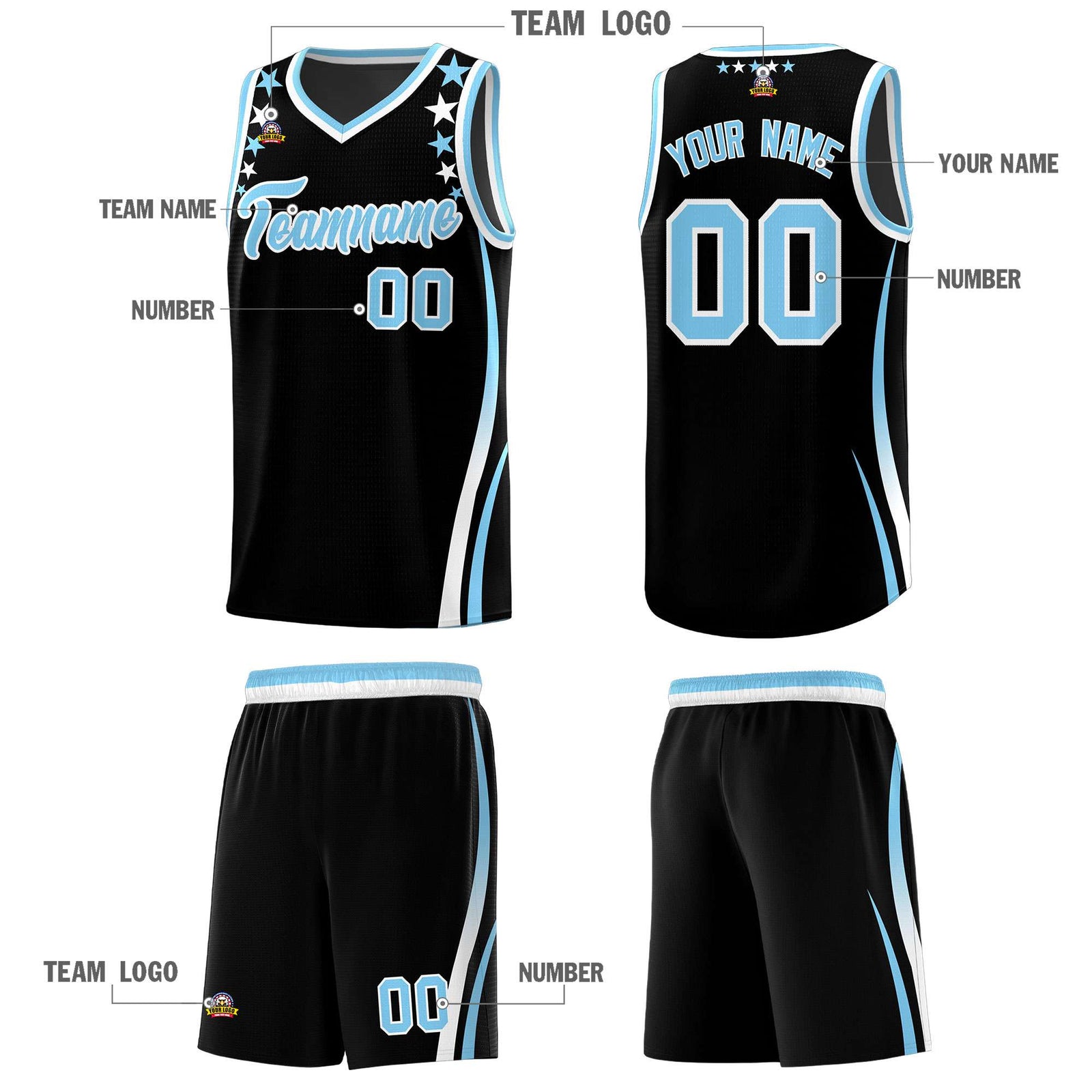 Custom Black Shoulders Star Pattern Side Color Block Sports Uniform Basketball Kits
