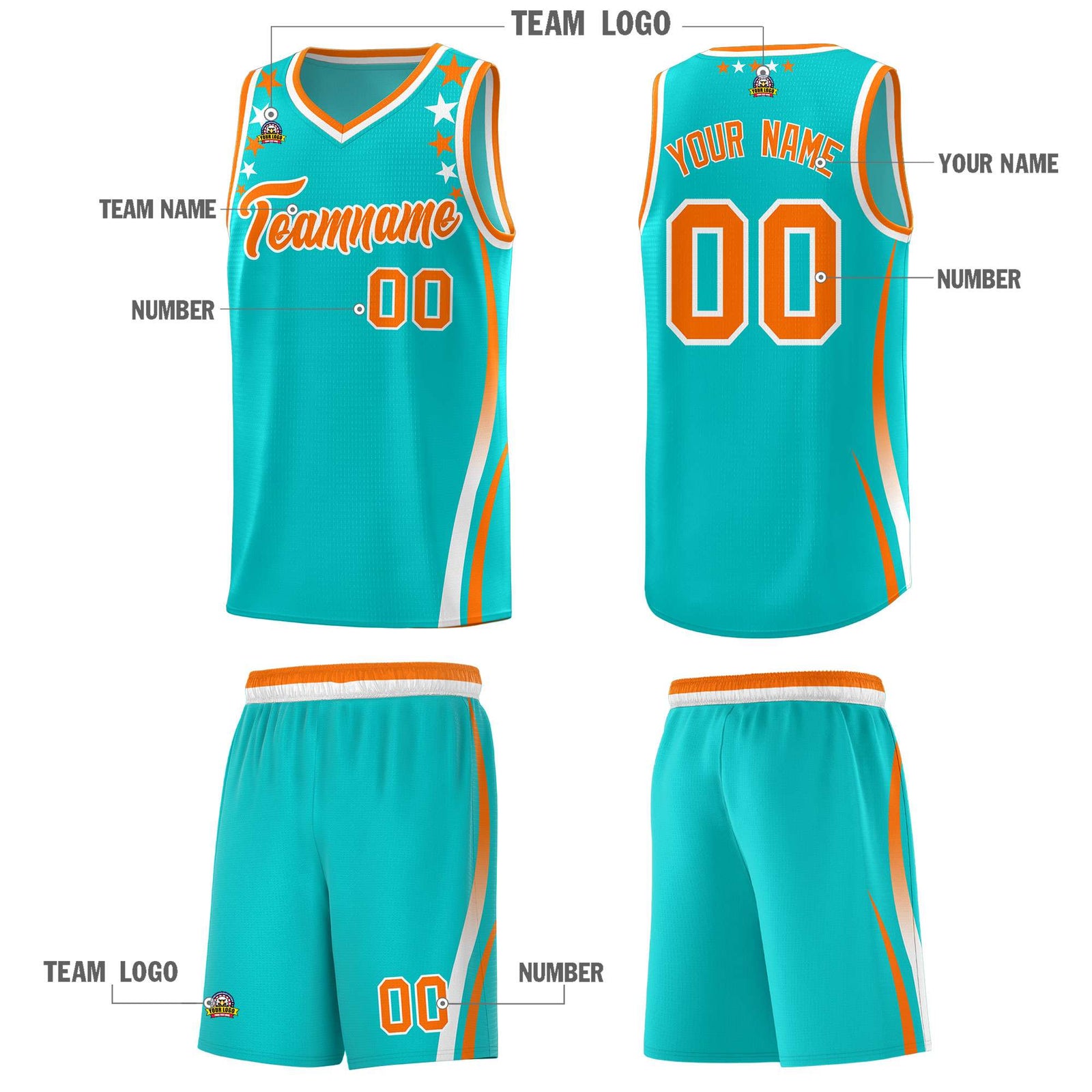 Custom Sky Blue Shoulders Star Pattern Side Color Block Sports Uniform Basketball Kits