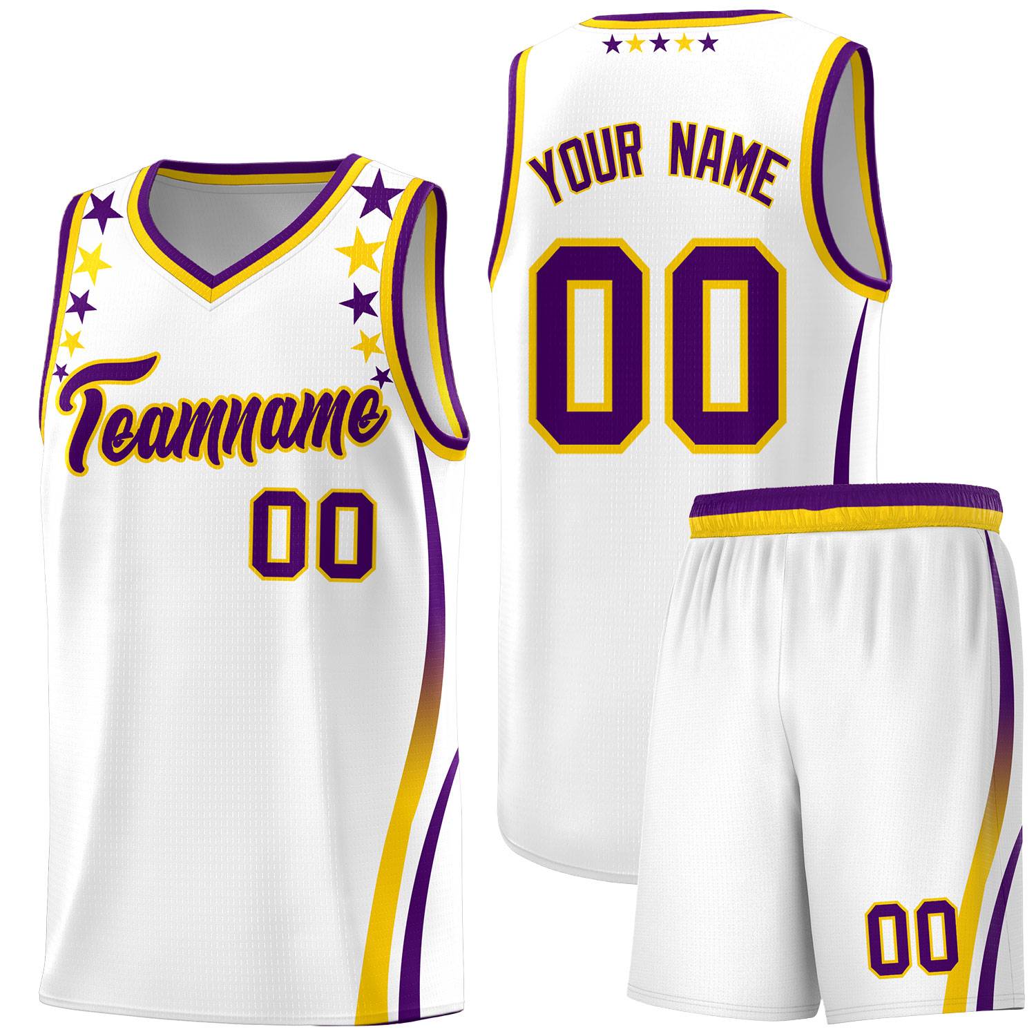 Custom White Shoulders Star Pattern Side Color Block Sports Uniform Basketball Kits