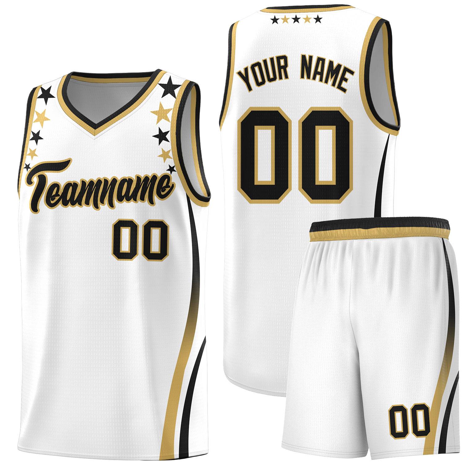 Custom White Shoulders Star Pattern Side Color Block Sports Uniform Basketball Kits
