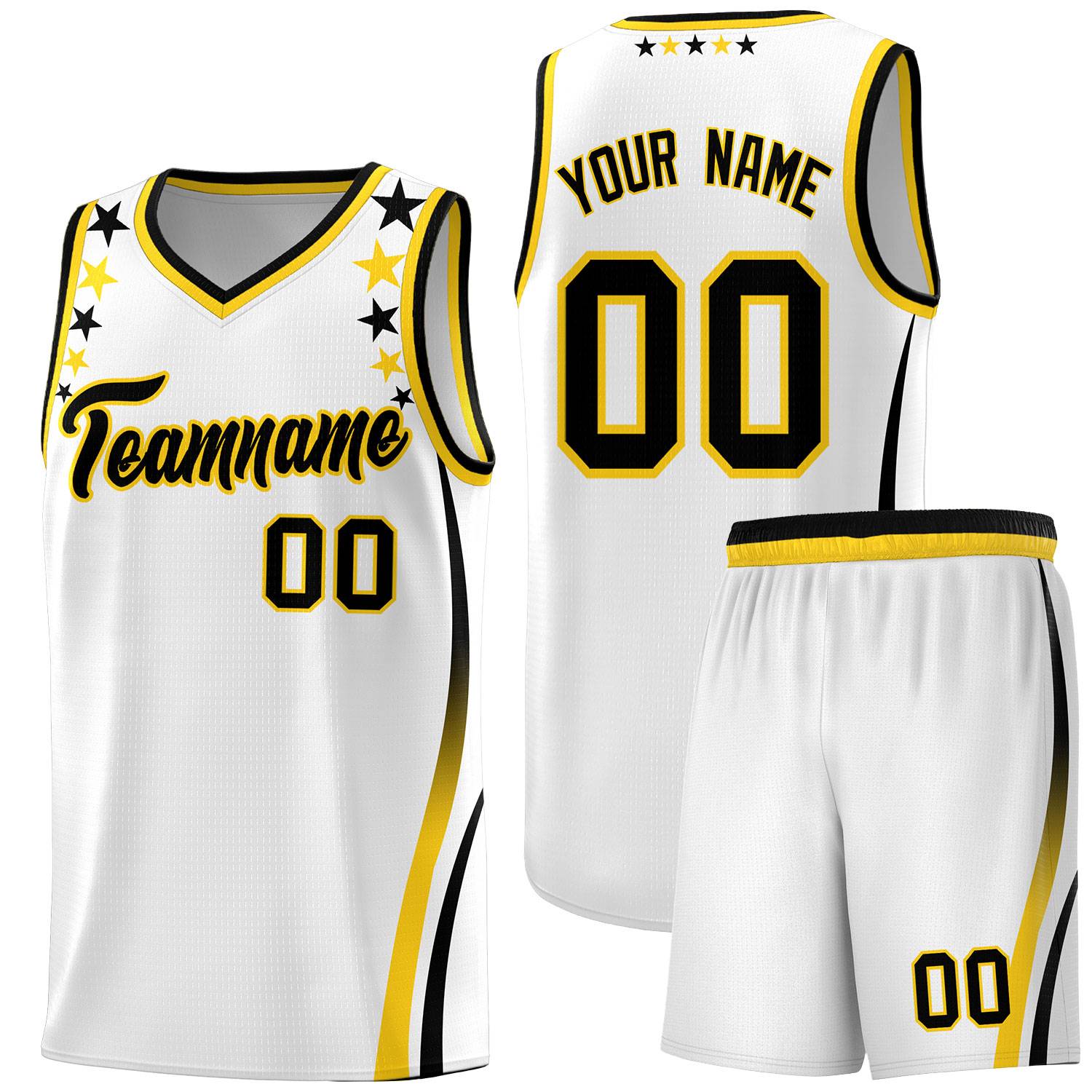 Custom White Shoulders Star Pattern Side Color Block Sports Uniform Basketball Kits