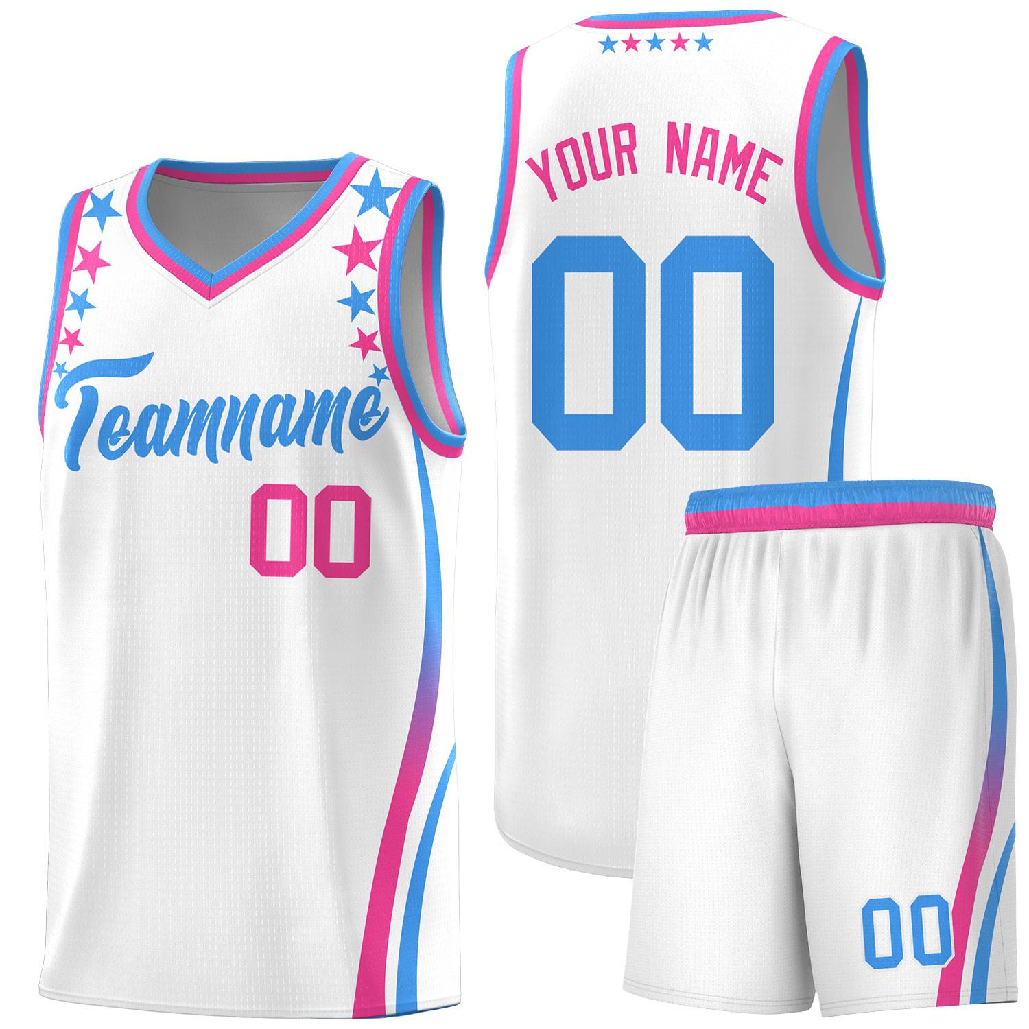 Custom White Shoulders Star Pattern Side Color Block Sports Uniform Basketball Kits