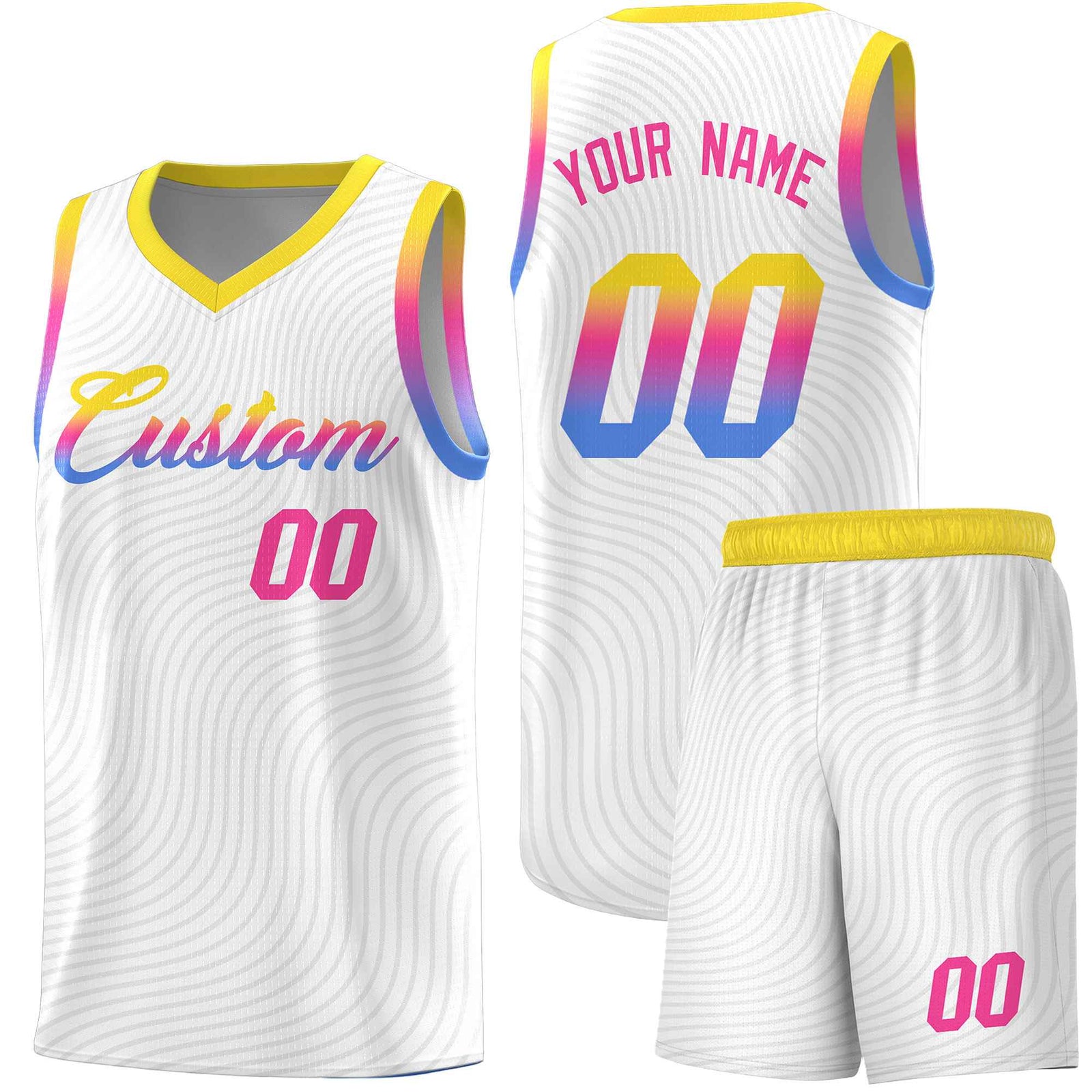 Custom White Gold Wave Pattern Sports Uniform Basketball Kits
