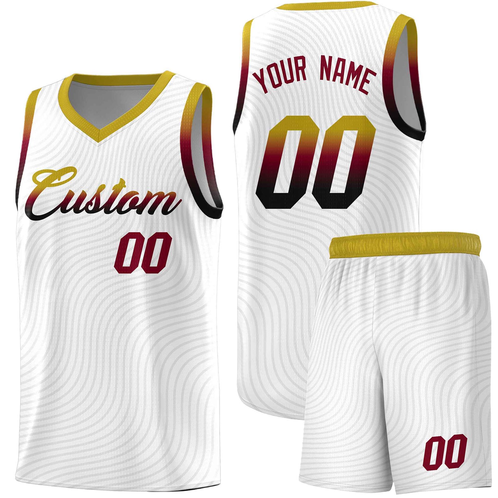 Custom White Old Gold Wave Pattern Sports Uniform Basketball Kits