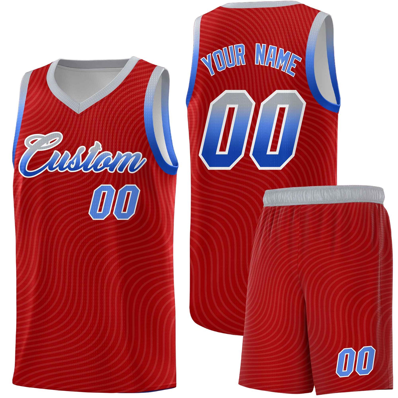 Custom Red Gray Wave Pattern Sports Uniform Basketball Kits