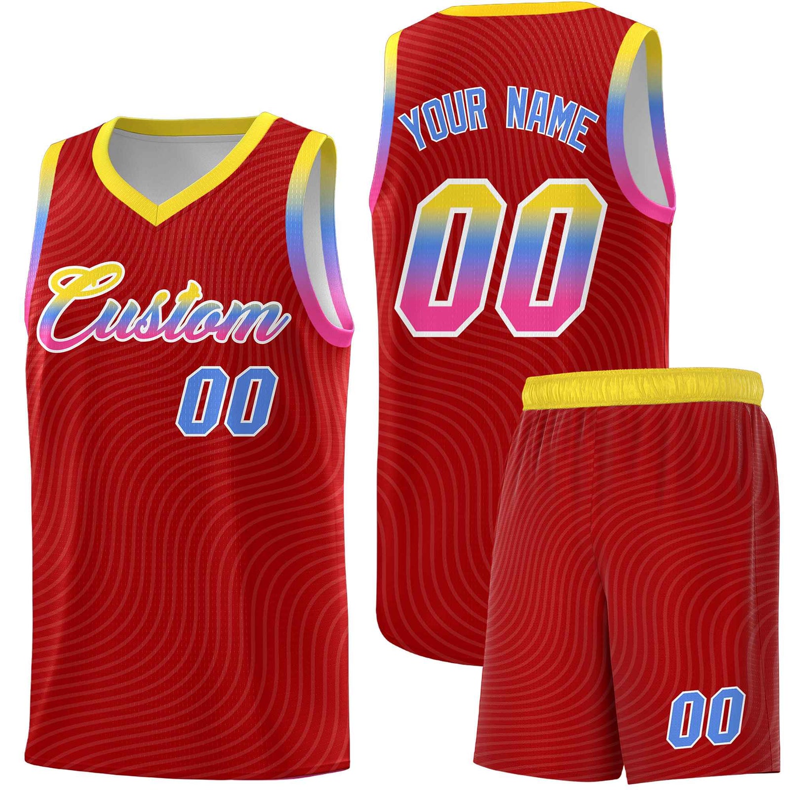 Custom Red Gold Wave Pattern Sports Uniform Basketball Kits