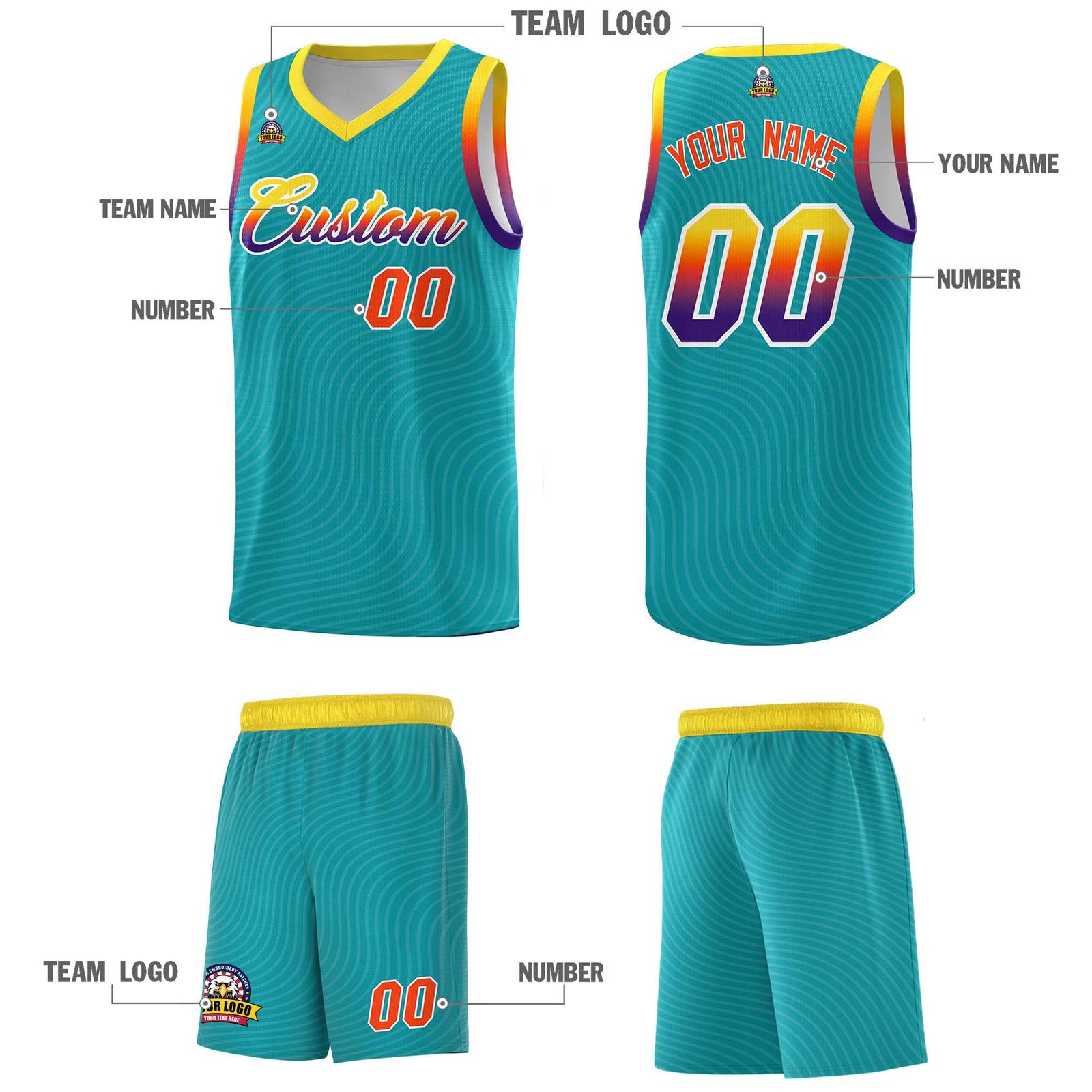 Custom Aqua Gold Wave Pattern Sports Uniform Basketball Kits