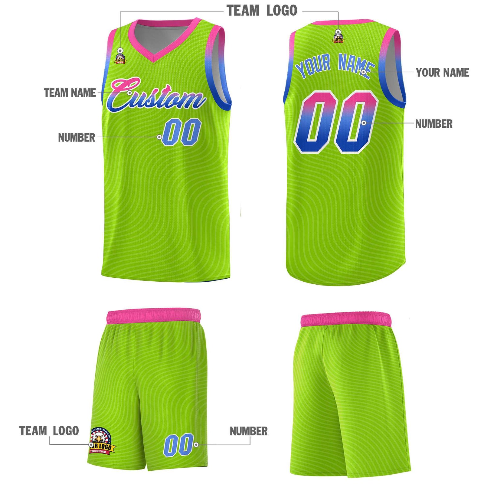 Custom Neon Green Pink Wave Pattern Sports Uniform Basketball Kits