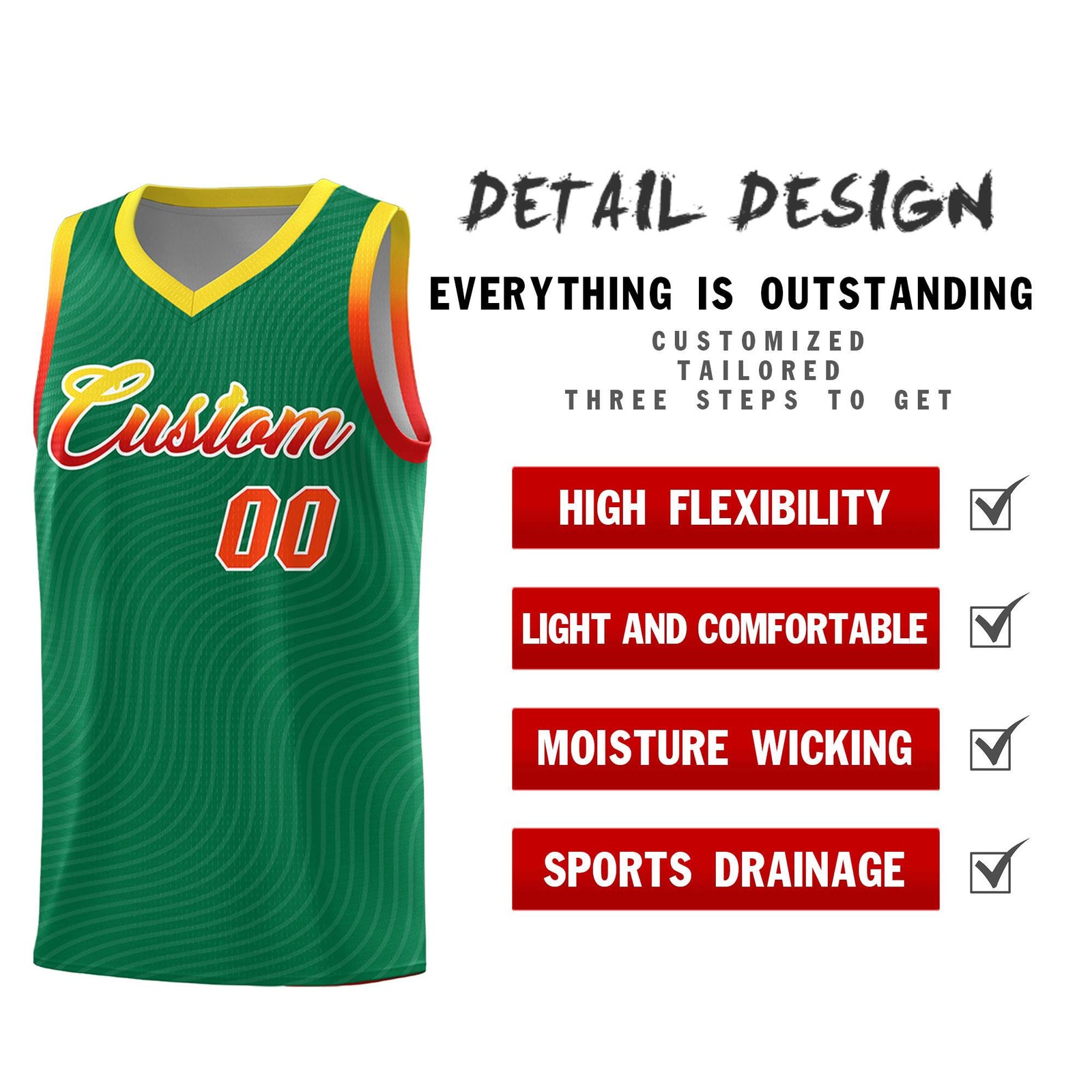 Custom Kelly Green Gold Wave Pattern Sports Uniform Basketball Kits