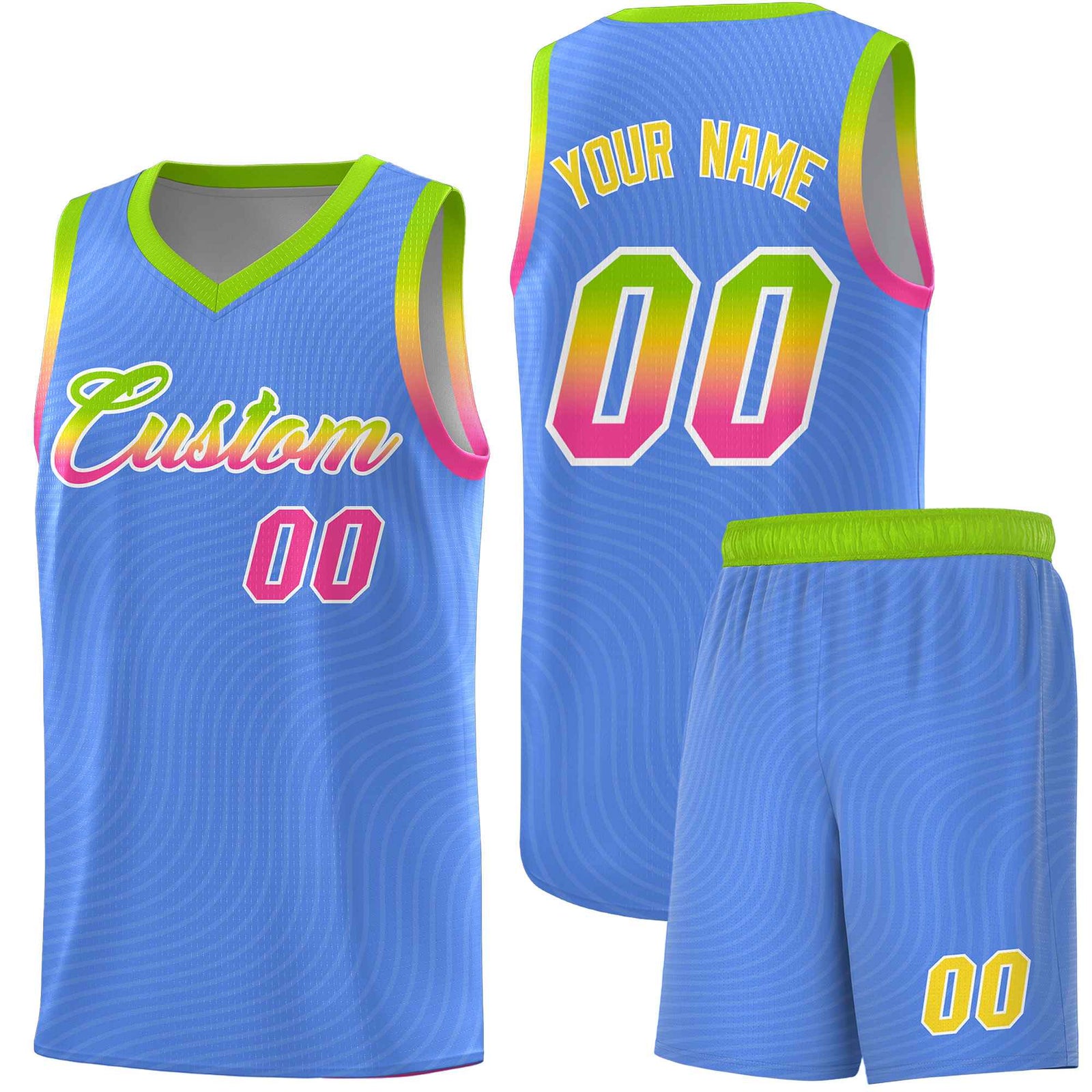 Custom Light Blue Neon Green Wave Pattern Sports Uniform Basketball Kits