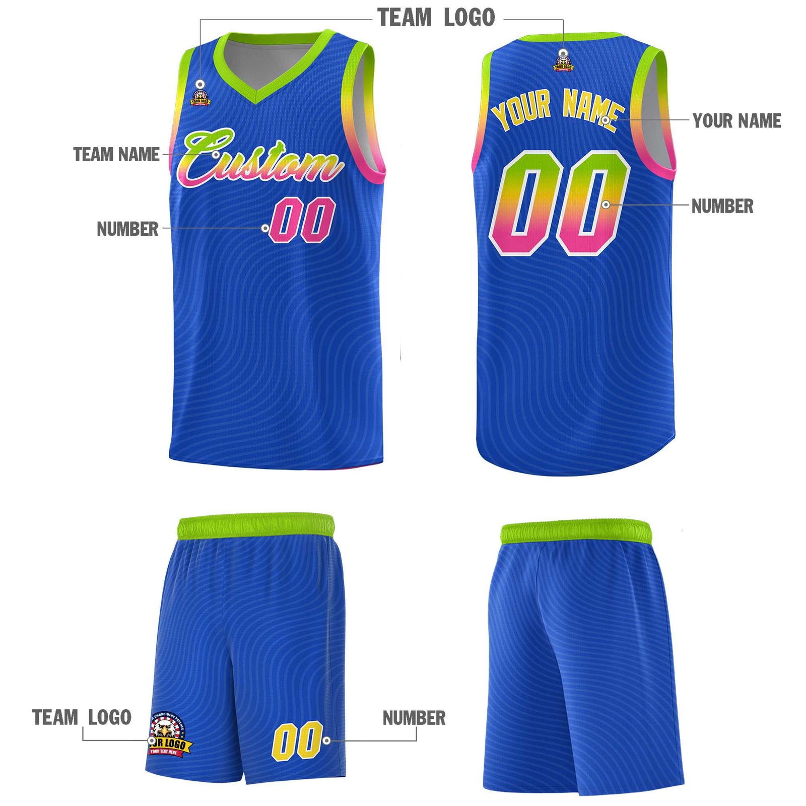Custom Royal Blue Neon Green Wave Pattern Sports Uniform Basketball Kits