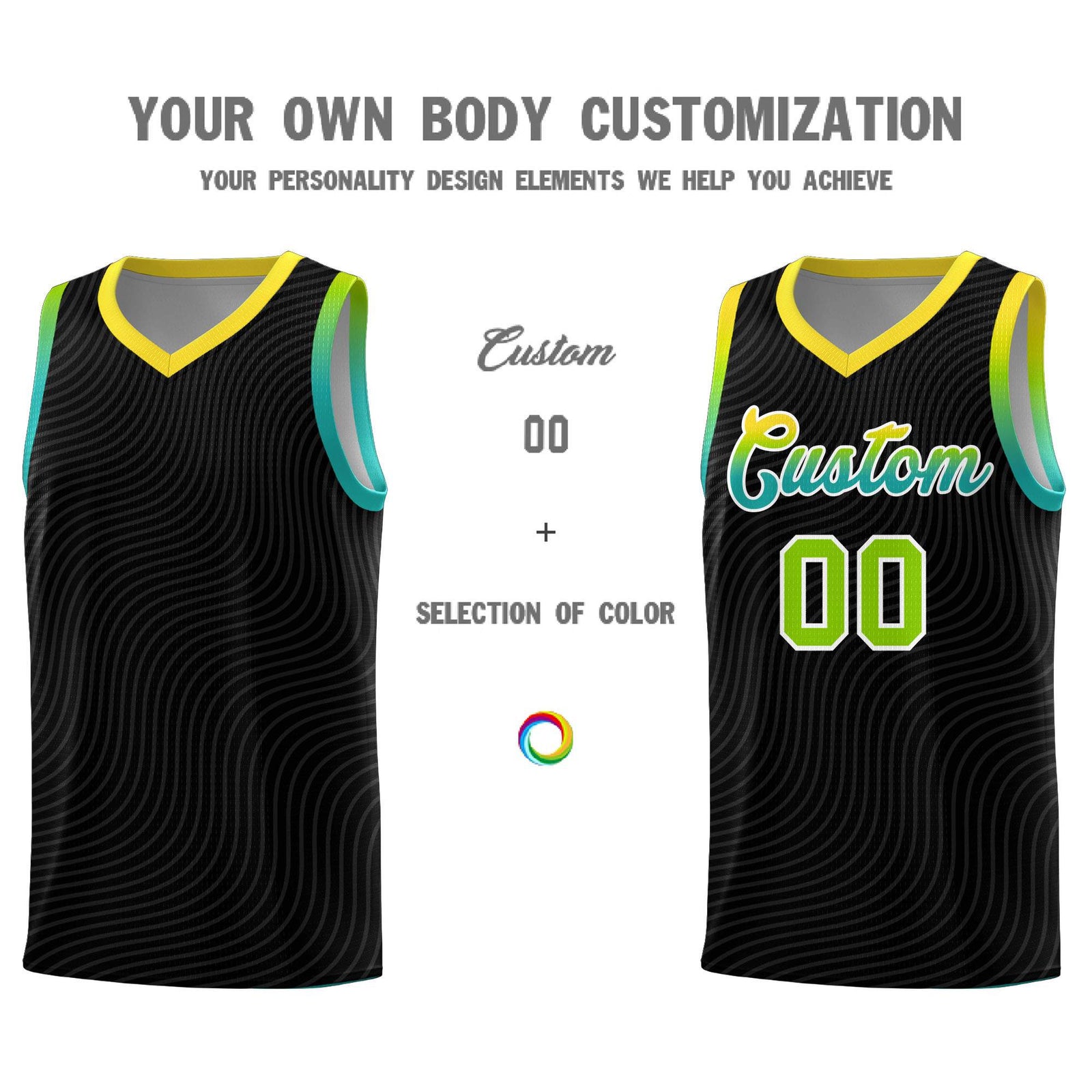 Custom Black Gold Wave Pattern Sports Uniform Basketball Kits