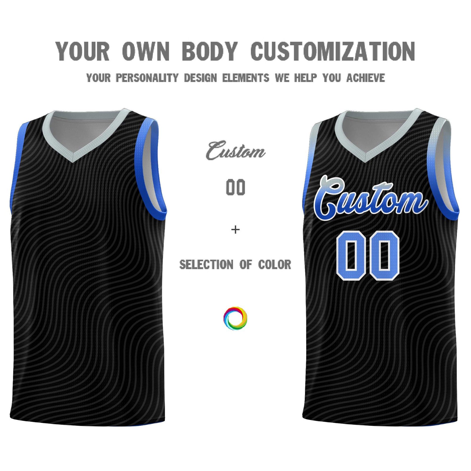 Custom Black Gray Wave Pattern Sports Uniform Basketball Kits