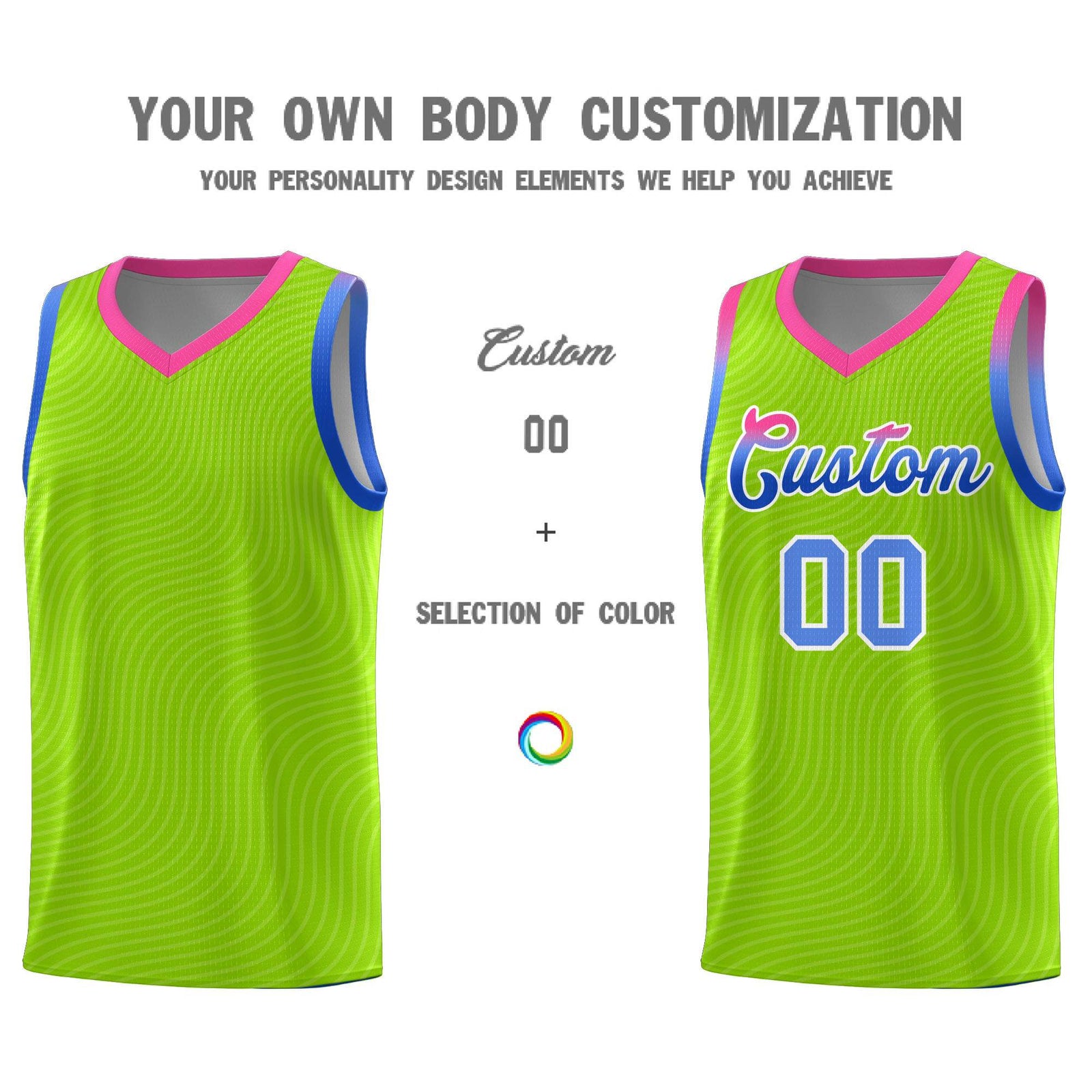 Custom Neon Green Pink Wave Pattern Sports Uniform Basketball Kits