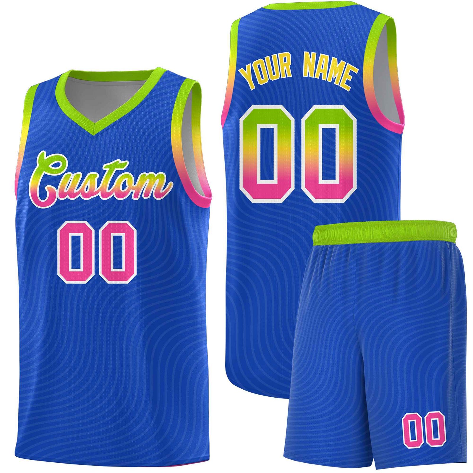 Custom Royal Blue Neon Green Wave Pattern Sports Uniform Basketball Kits