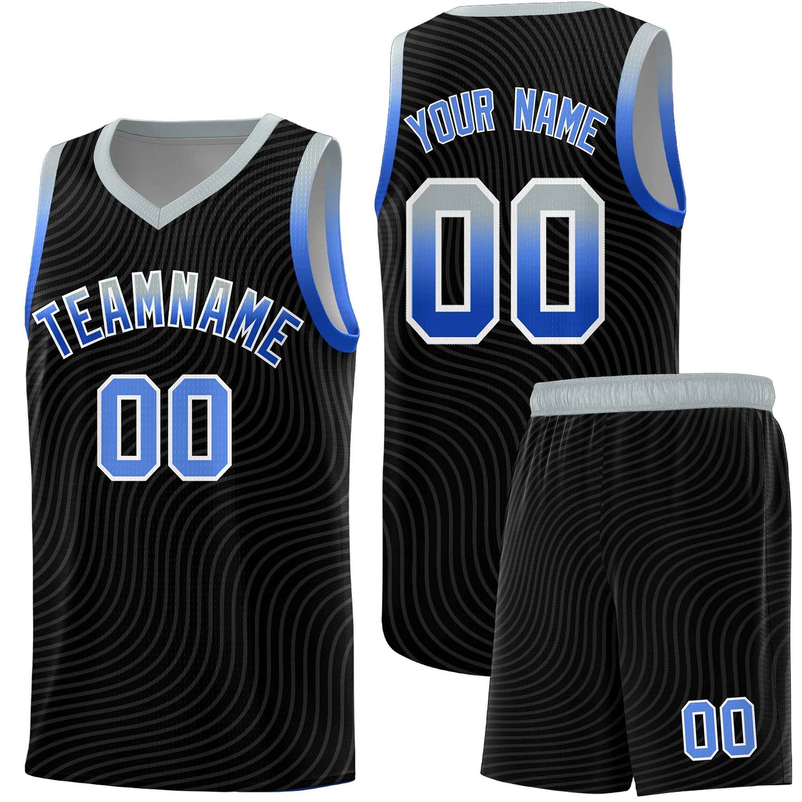 Custom Black Gray Wave Pattern Sports Uniform Basketball Kits