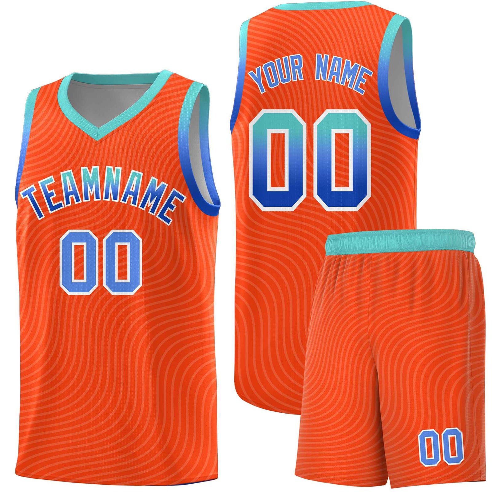 Custom Orange Bright Green Wave Pattern Sports Uniform Basketball Kits