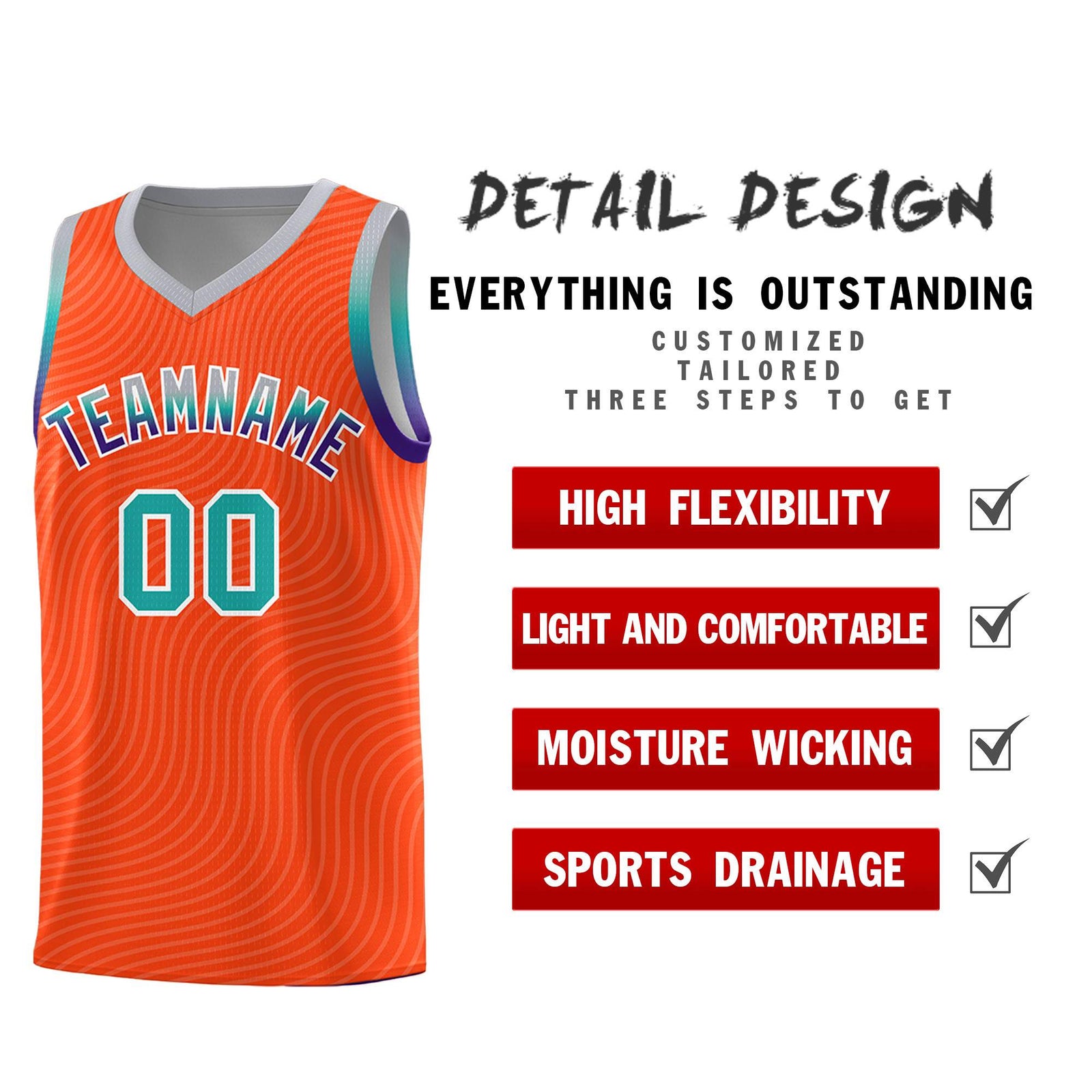 Custom Orange Gray Wave Pattern Sports Uniform Basketball Kits
