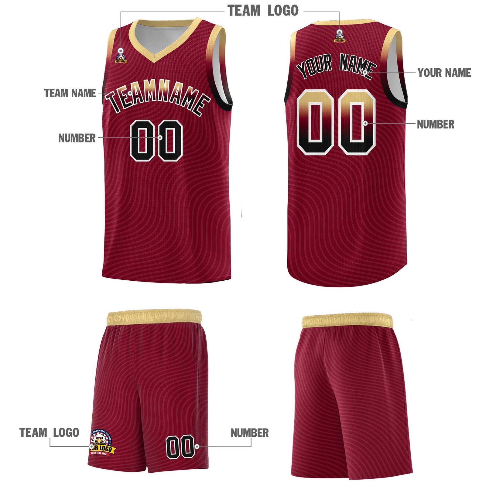 Custom Crimson Khaki Wave Pattern Sports Uniform Basketball Kits