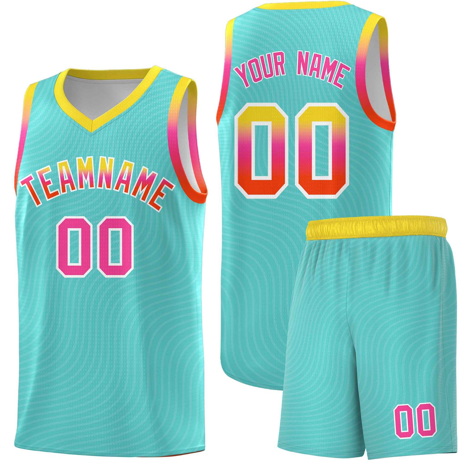Custom Bright Green Gold Wave Pattern Sports Uniform Basketball Kits