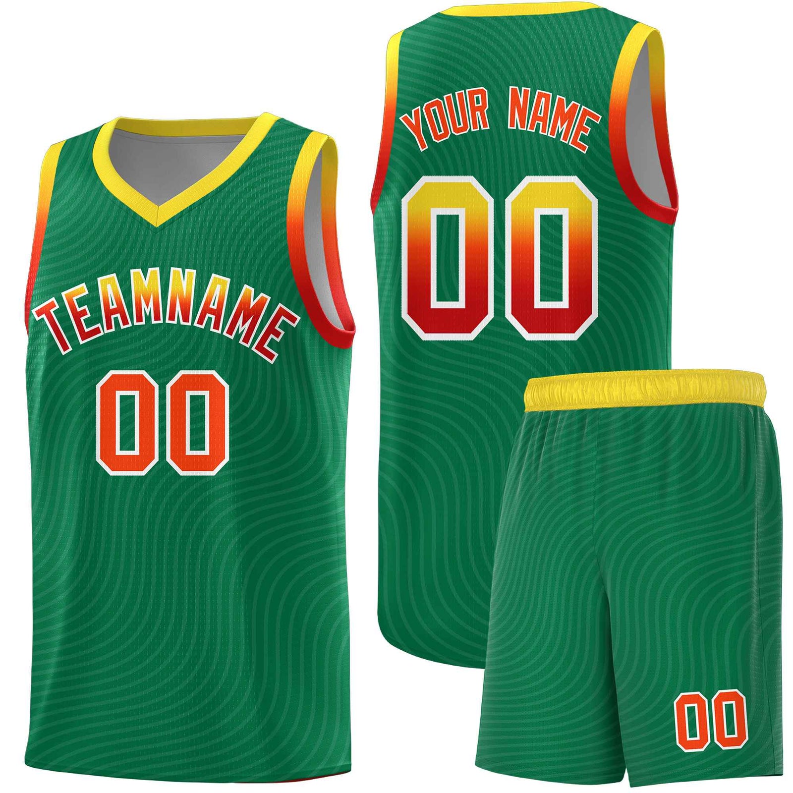 Custom Kelly Green Gold Wave Pattern Sports Uniform Basketball Kits