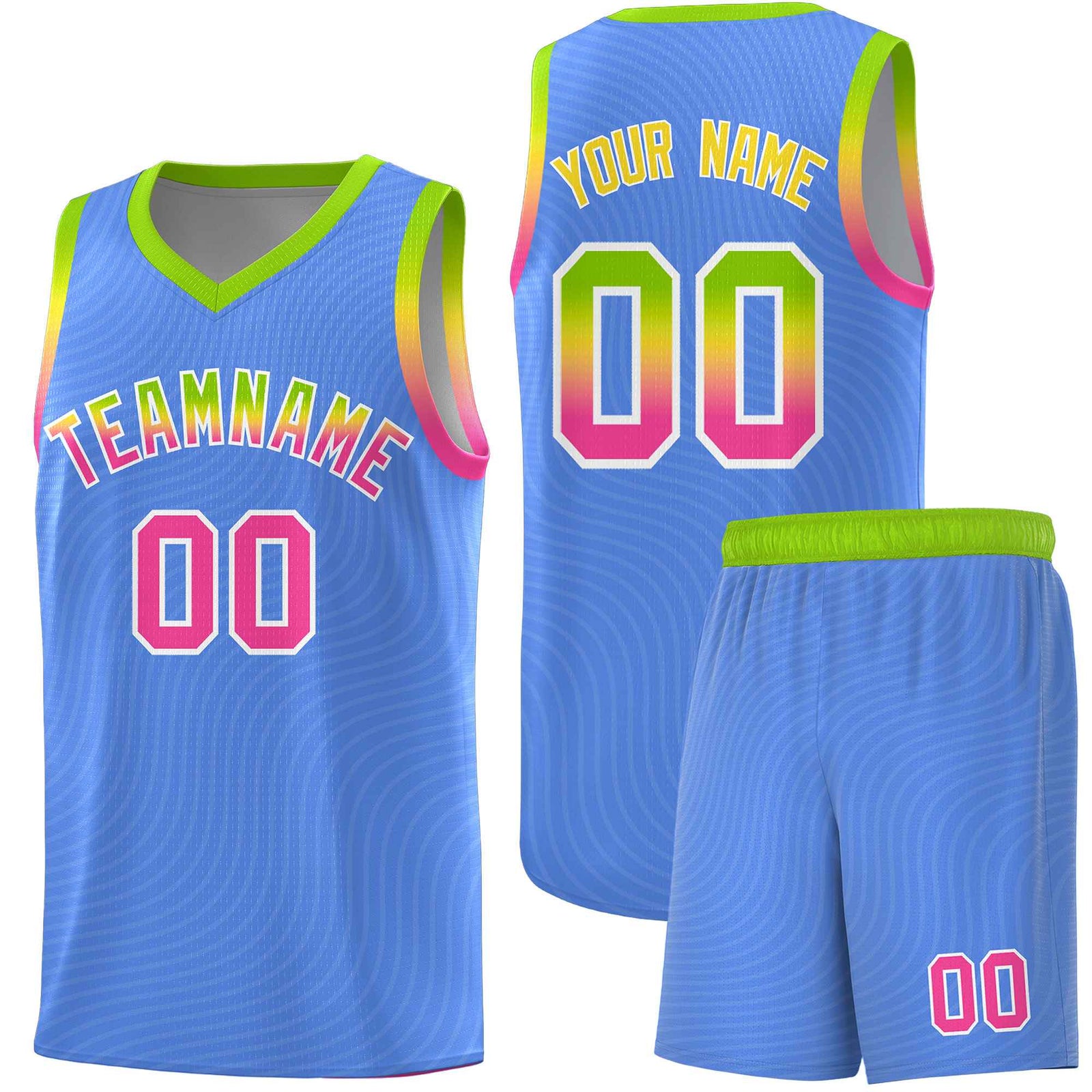 Custom Light Blue Neon Green Wave Pattern Sports Uniform Basketball Kits