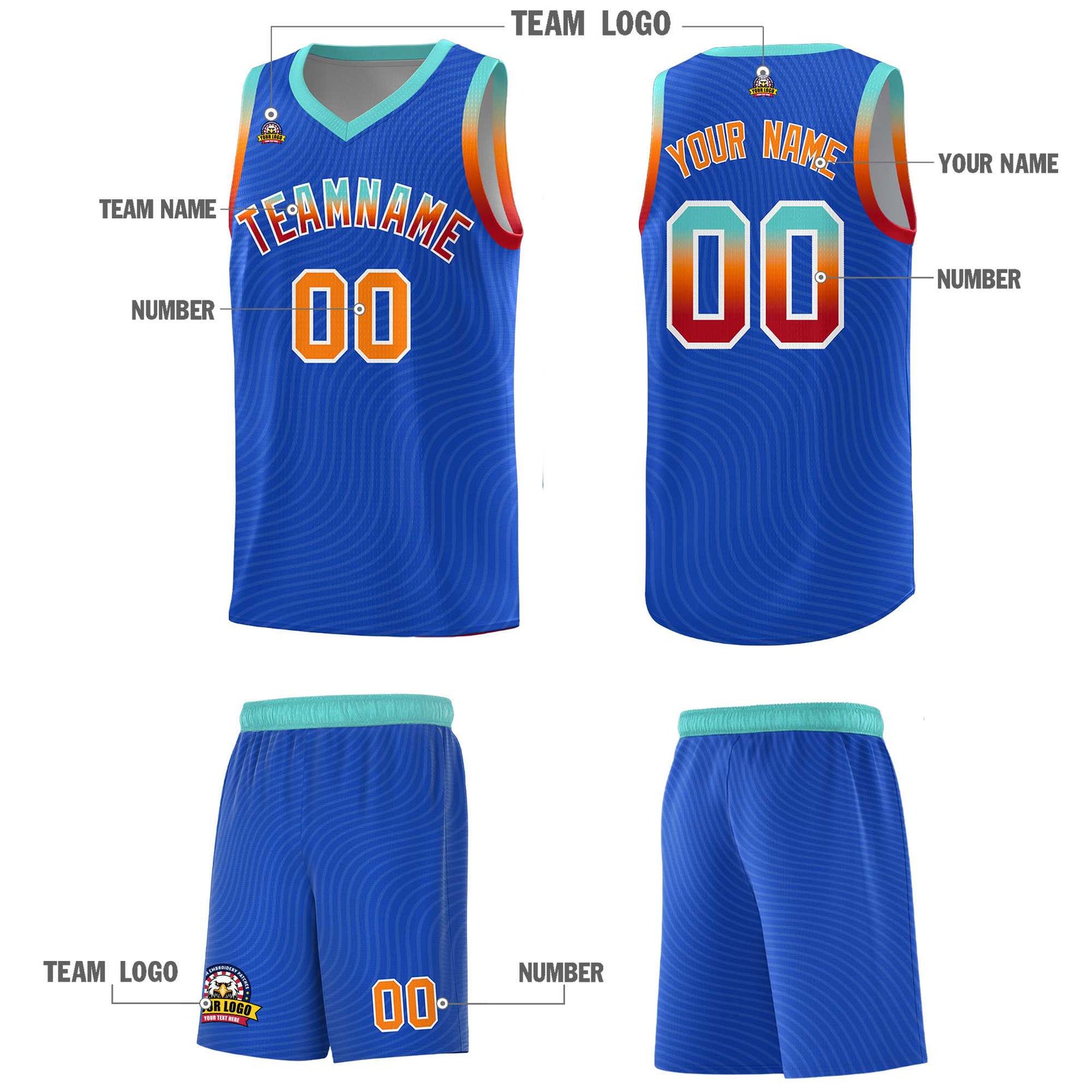 Custom Royal Blue Bright Green Wave Pattern Sports Uniform Basketball Kits