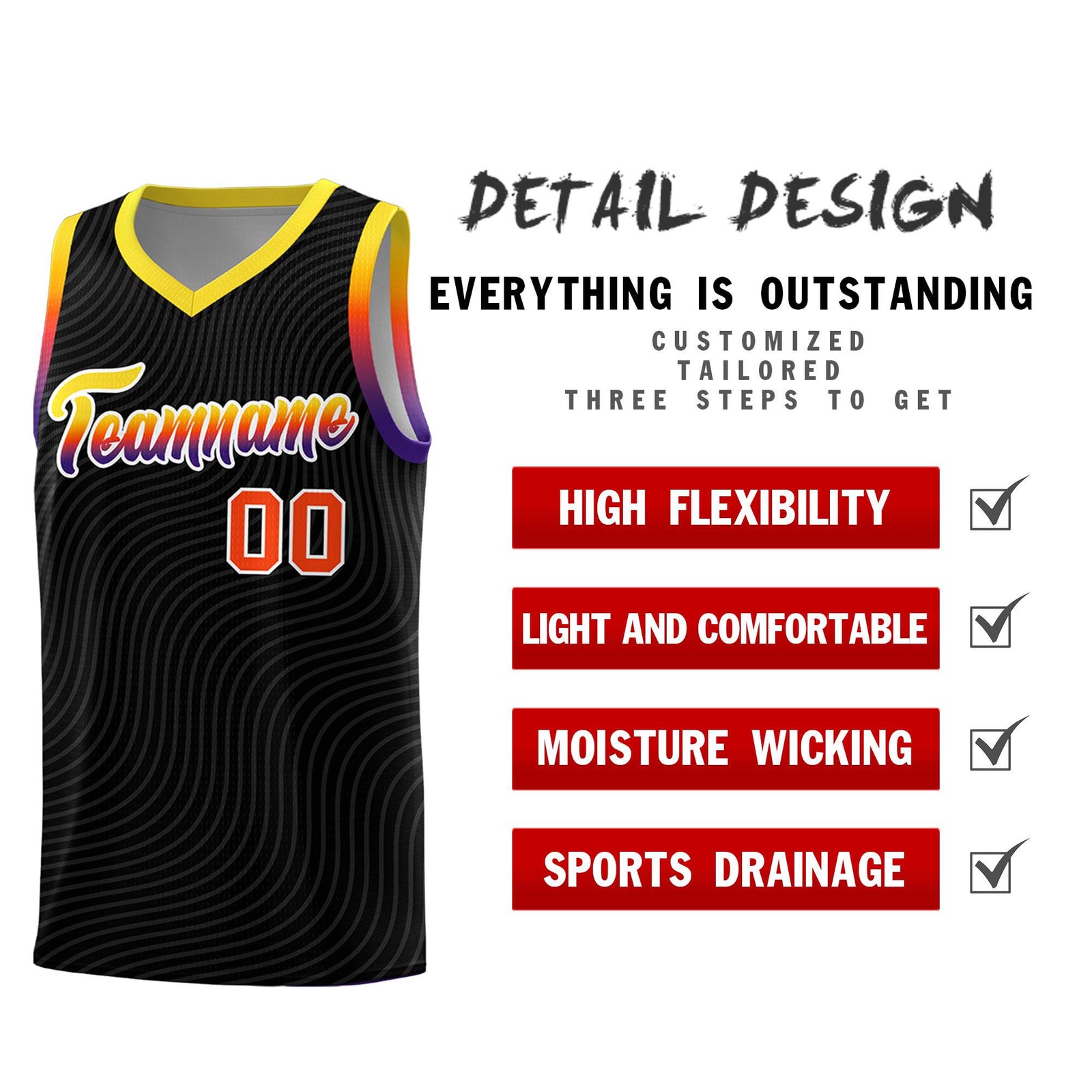 Custom Black Gold Wave Pattern Sports Uniform Basketball Kits