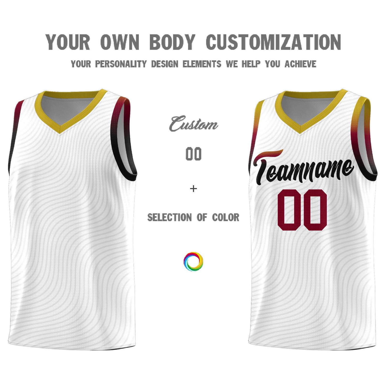 Custom White Old Gold Wave Pattern Sports Uniform Basketball Kits