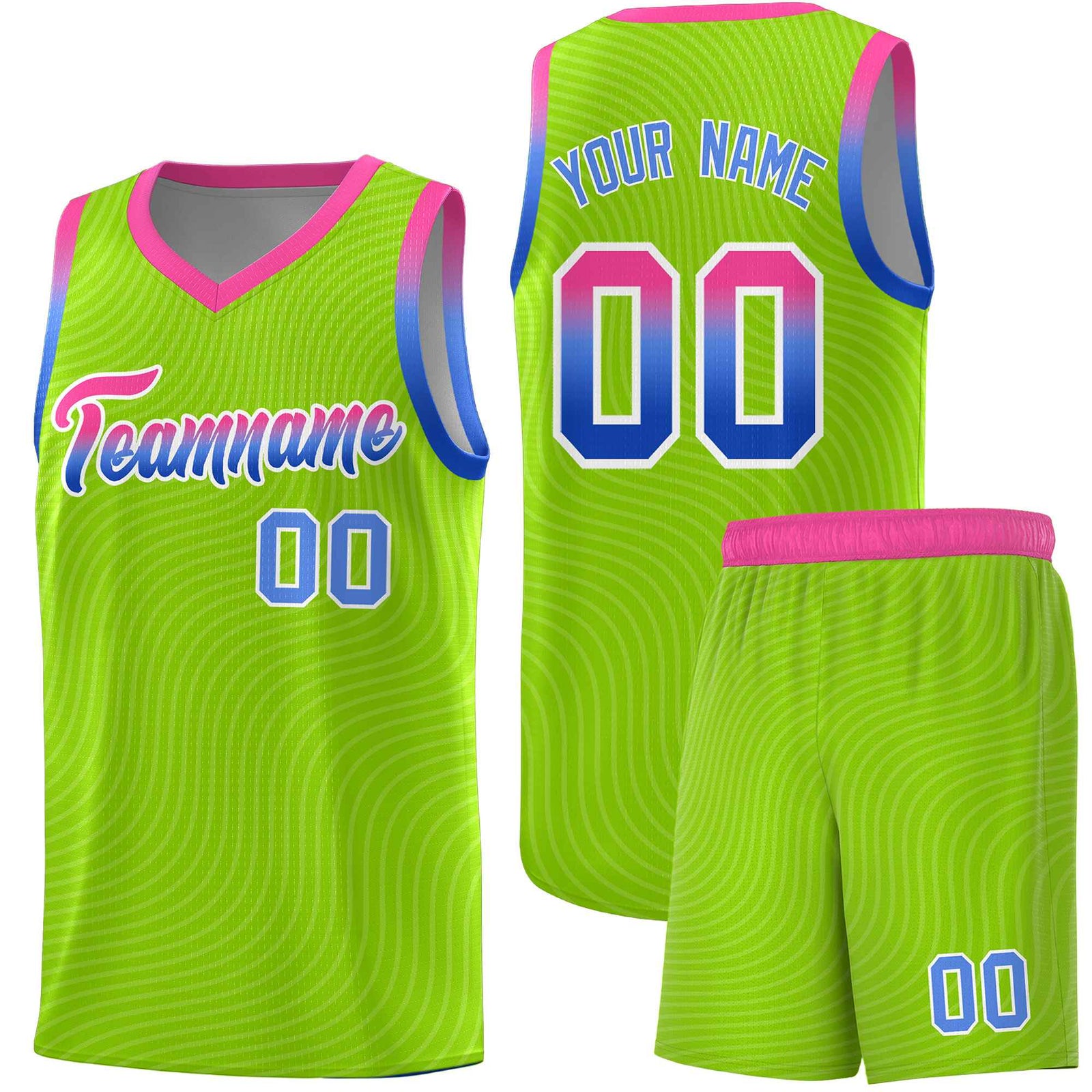 Custom Neon Green Pink Wave Pattern Sports Uniform Basketball Kits